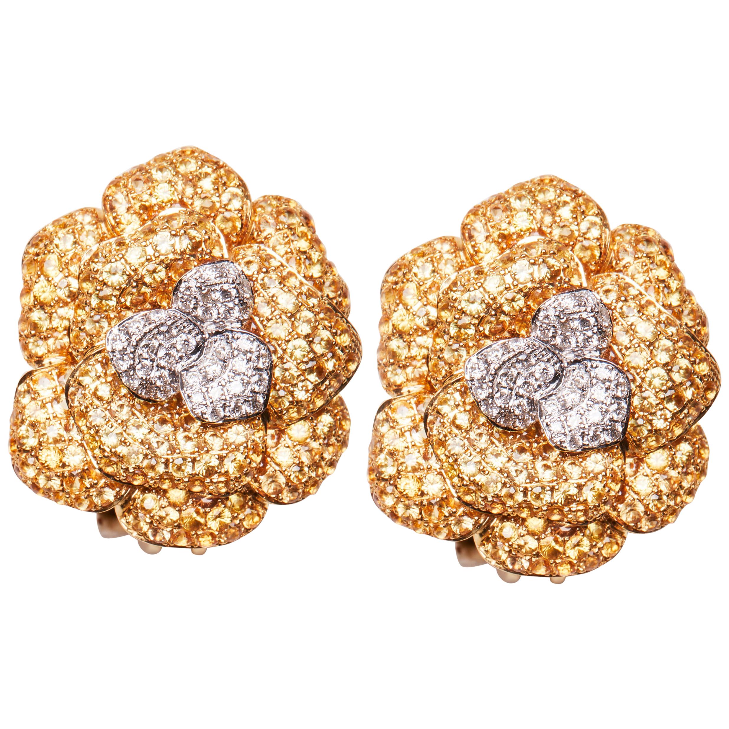 18 Karat Yellow Gold Diamond and Yellow Sapphire Flower Earrings