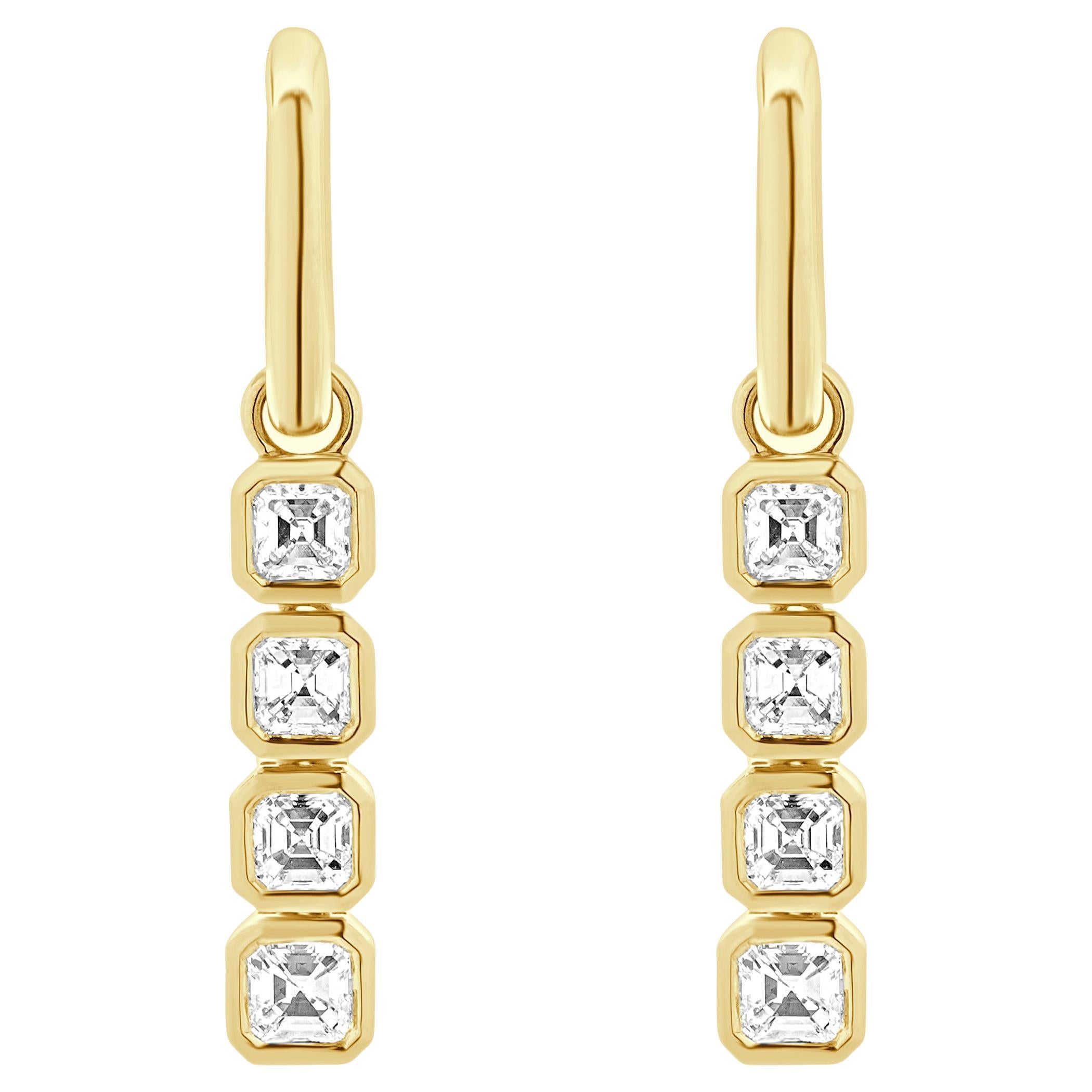 18 Karat Yellow Gold Diamond Asscher Cut Diamond Drop Earrings