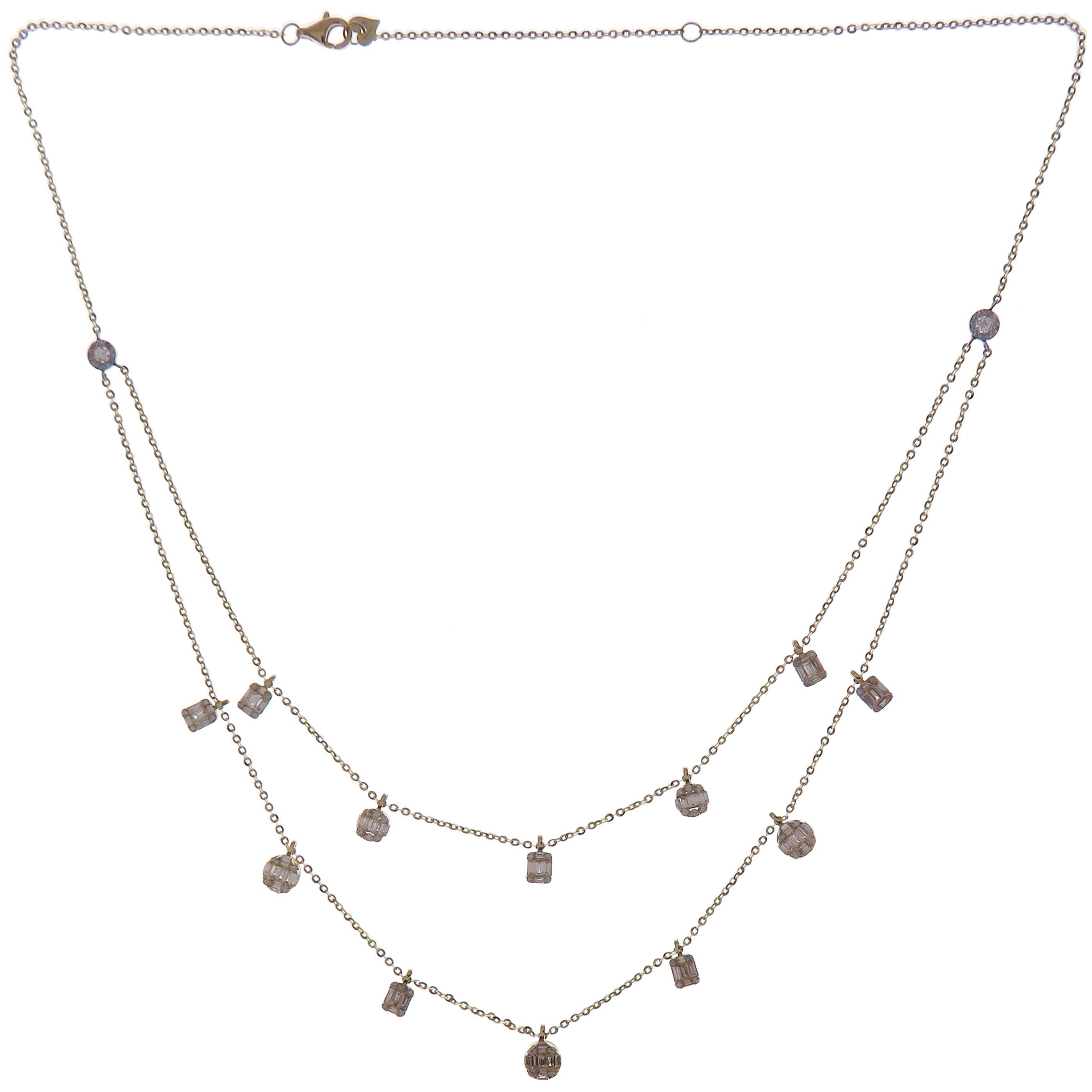 This delicate double-strand necklace is crafted in 18-karat yellow gold, weighing approximately 1.35 total carats of SI-H Quality white diamonds. 
18-karat white gold and rose gold are also available upon request.

Necklace is 16