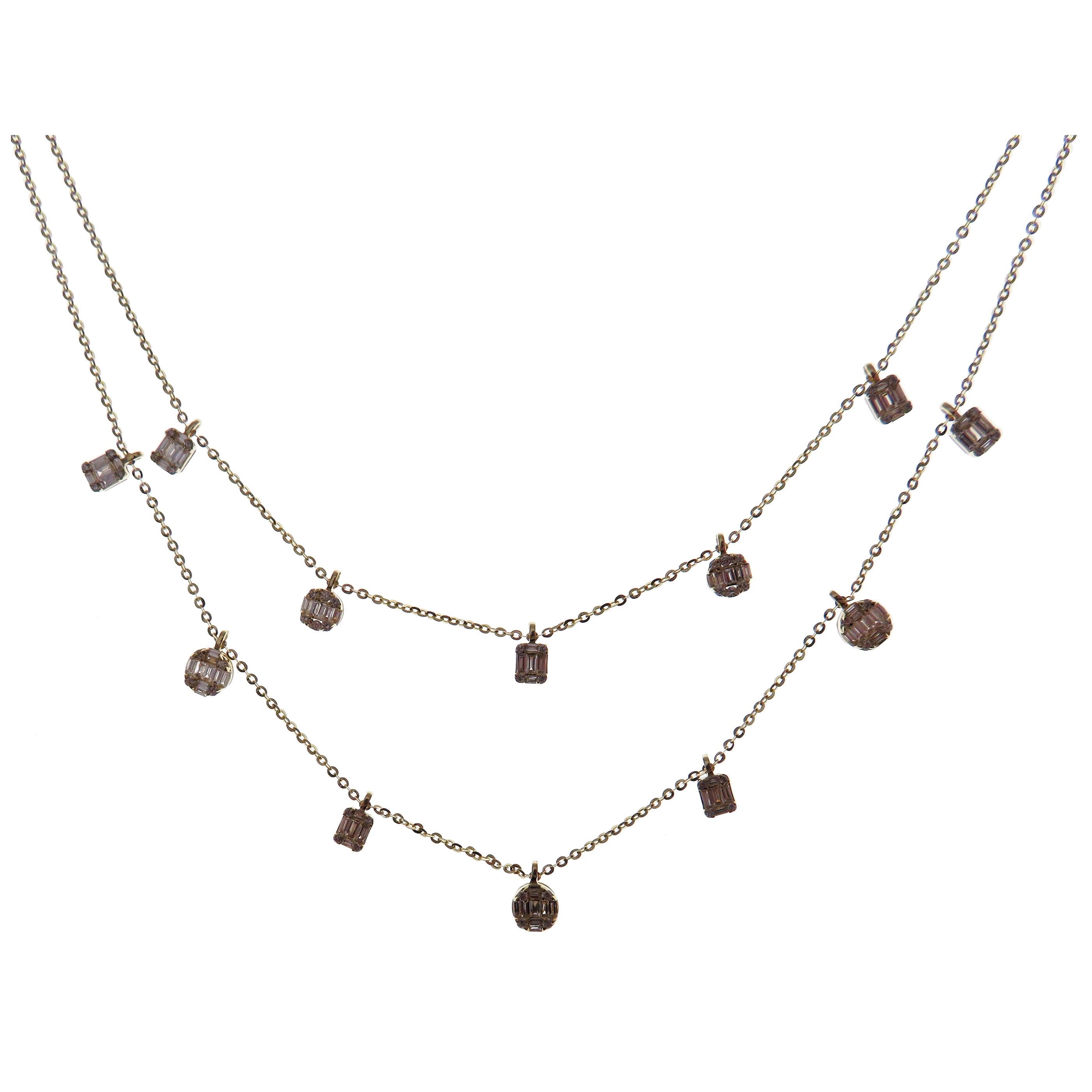 Taille ronde Collier DBY à double rang en or jaune 18 carats avec diamants baguettes en forme de poire en vente