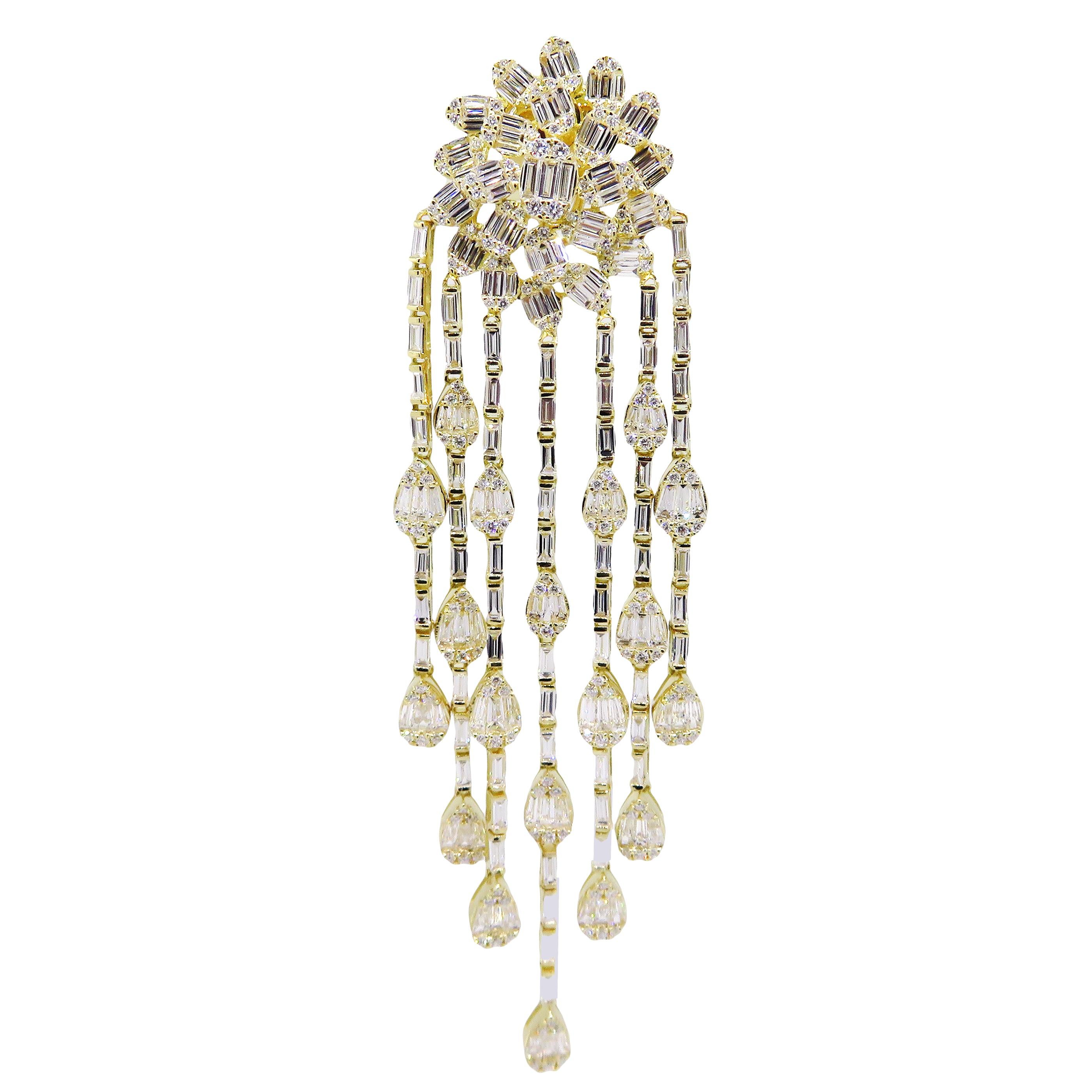 These oval burst chandelier earrings are crafted in 18-karat yellow gold, weighing approximately 11.97 total carats of SI-V Quality white diamond. Post-Style backing. 

Our Ballroom Chandelier Collection feature earrings for those with bold/classy
