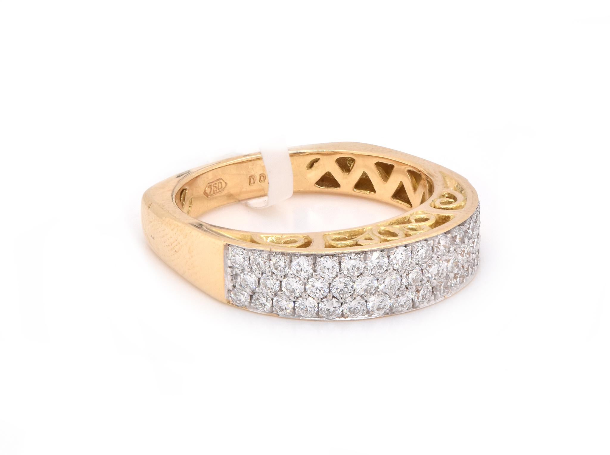 Designer: Custom
Material: 18K yellow gold
Diamonds: 47 round cut = .63cttw
Color: G
Clarity: VS
Size: 7
Dimensions: ring measures 5mm in width
Weight: 5.79 grams
