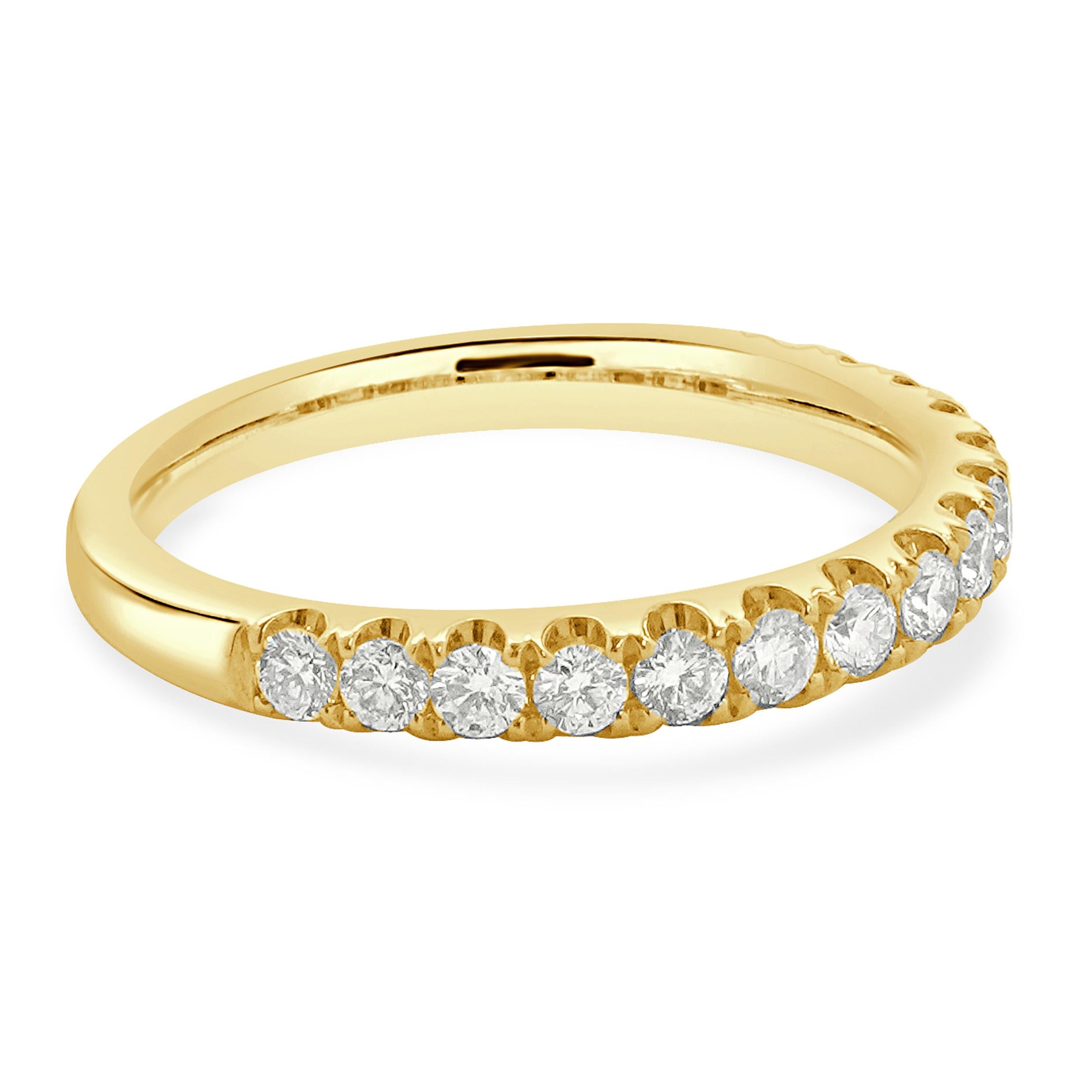 Designer: custom
Material: 18K yellow gold
Diamond: 15 round brilliant cut = 0.53cttw
Color: G
Clarity: SI1
Ring size: 6.5 (please allow two additional shipping days for sizing requests)
Weight: 3.31 grams

