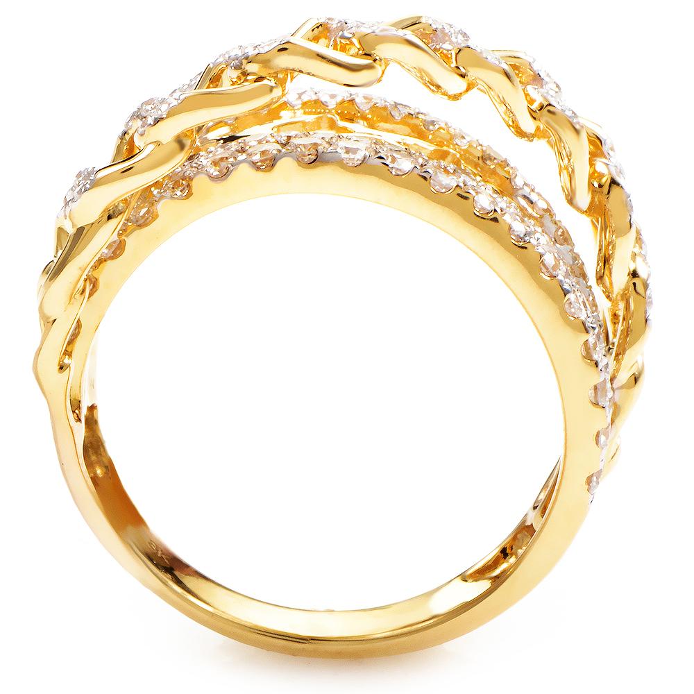 This lavish piece of jewelry with 18K yellow gold body embedded with diamonds weighing 1.07ct features an interesting design, especially on the top of the ring, where a glittering braid is added across the upper side.
