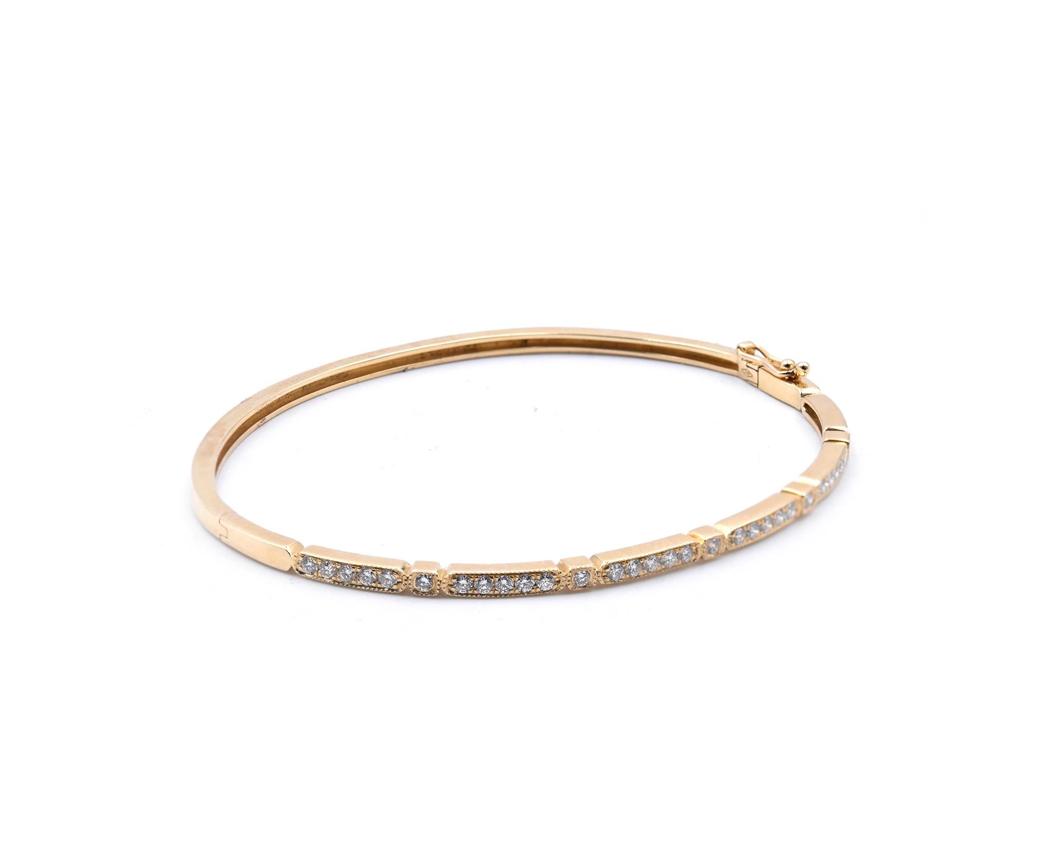 Material: 18K yellow gold
Diamonds: 33 Round Brilliant Cuts = .58cttw
Color: G
Clarity: VS
Dimensions: bracelet will fit up to a 6.5-inch wrist
Weight: 8.56 grams
