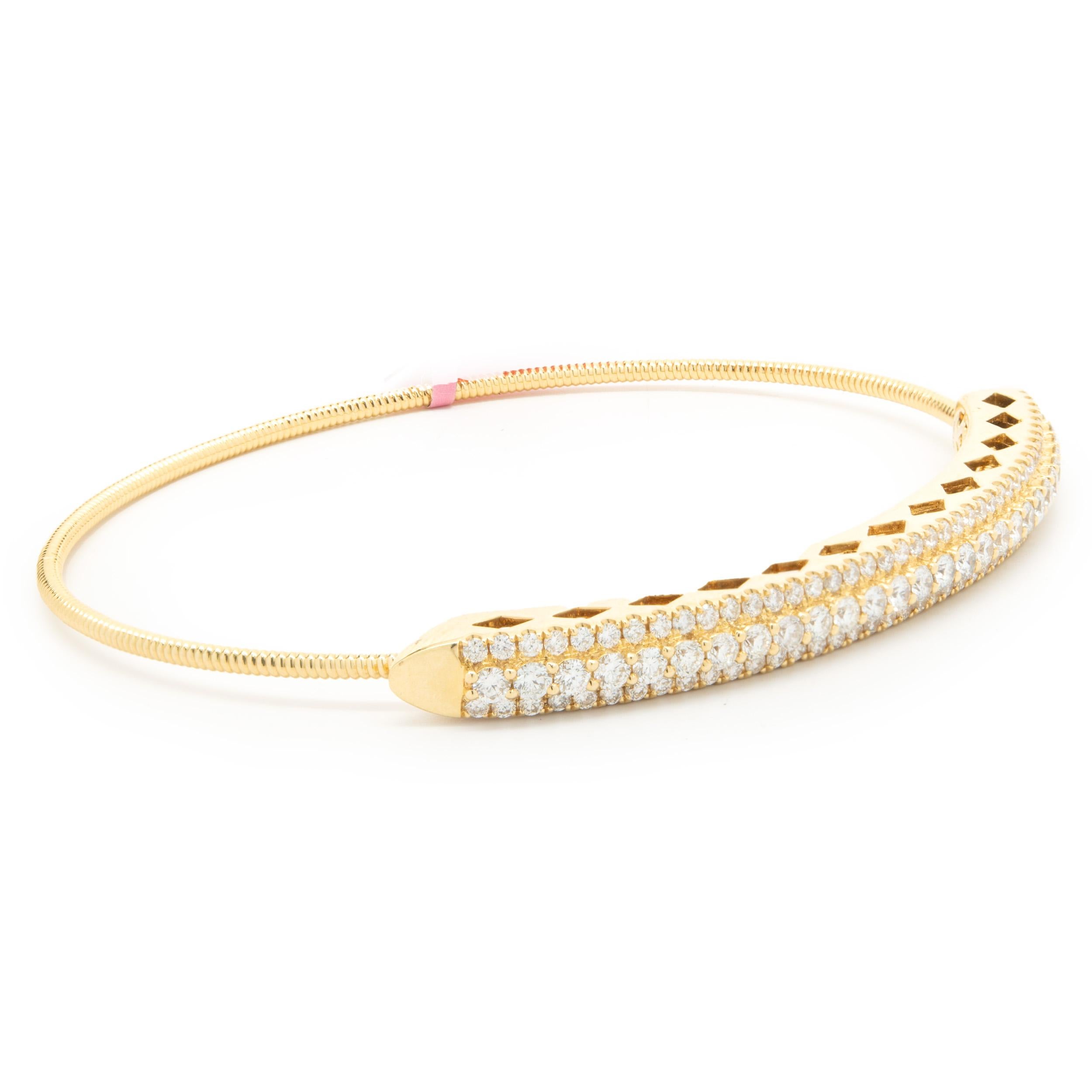 Designer: custom design
Material: 18K yellow gold
Diamonds: 110 round brilliant cut = 1.56cttw
Color: G
Clarity: SI1
Dimensions: bracelet will fit up to a 7 -inch wrist
Weight: 11.33 grams
