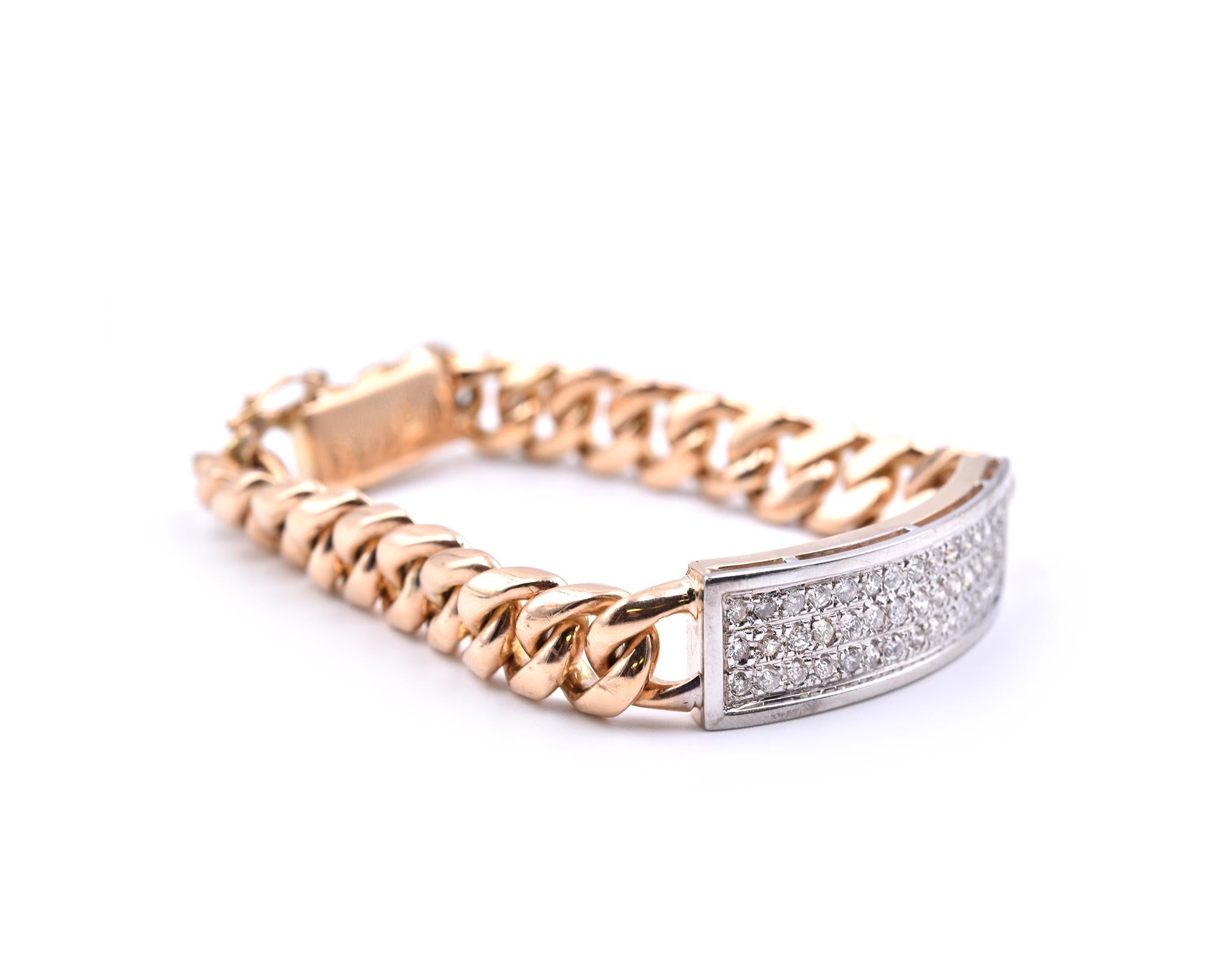 Designer: custom design
Material: 18k yellow gold
Diamonds: 42 round single cut = 1.26 carat total weight
Dimensions: bracelet measures 7 1/2-inches long and 1/2-inches long
Weight: 57.55 grams
