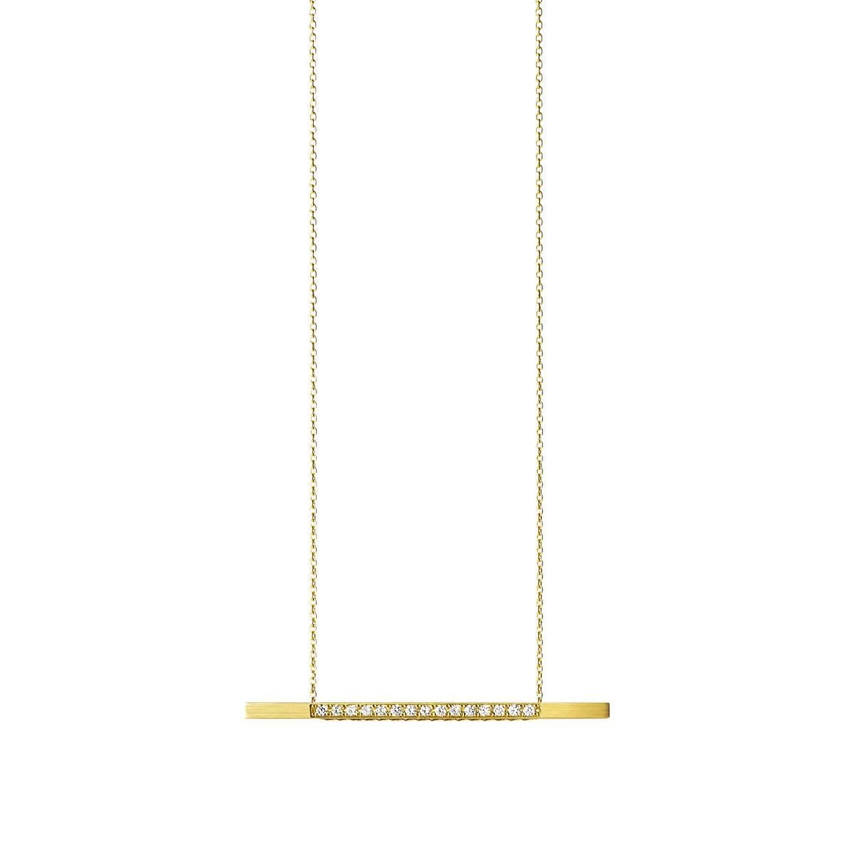 This sleek and simple necklace has an adjustable bar that slides along the chain to allow various stylings. Both sides of the bar are set with pavé diamonds making it reversible. 

Chain length: 750mm
Pendant width: 50mm
Diamonds: 1.6mm x