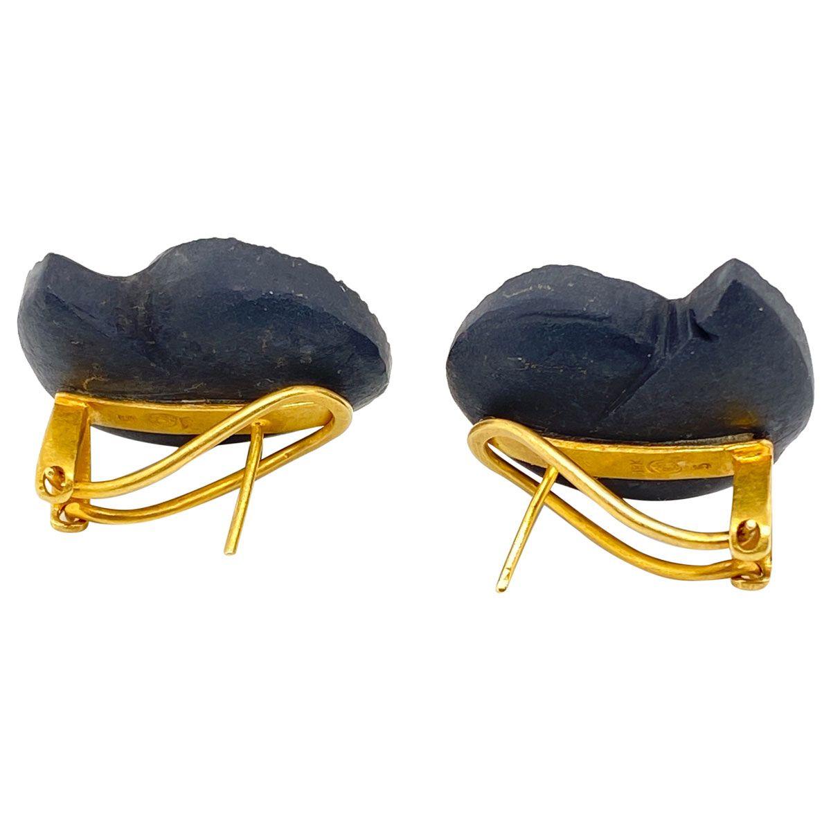 18 Karat Yellow Gold Diamond and Black Lava Pierced Earrings For Sale 6