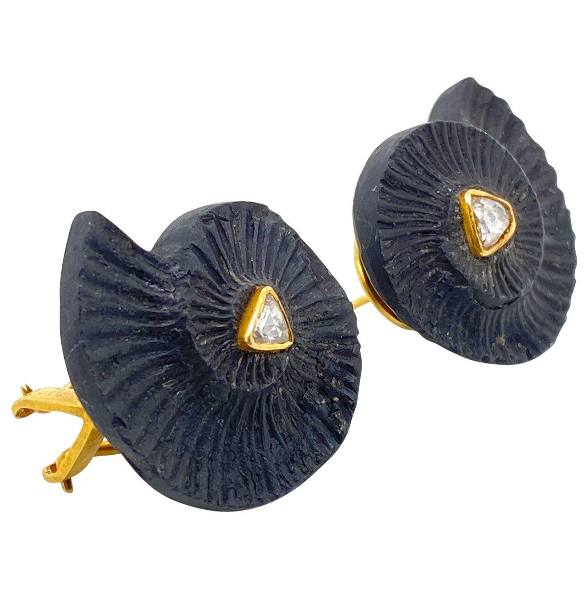 Trillion Cut 18 Karat Yellow Gold Diamond and Black Lava Pierced Earrings For Sale