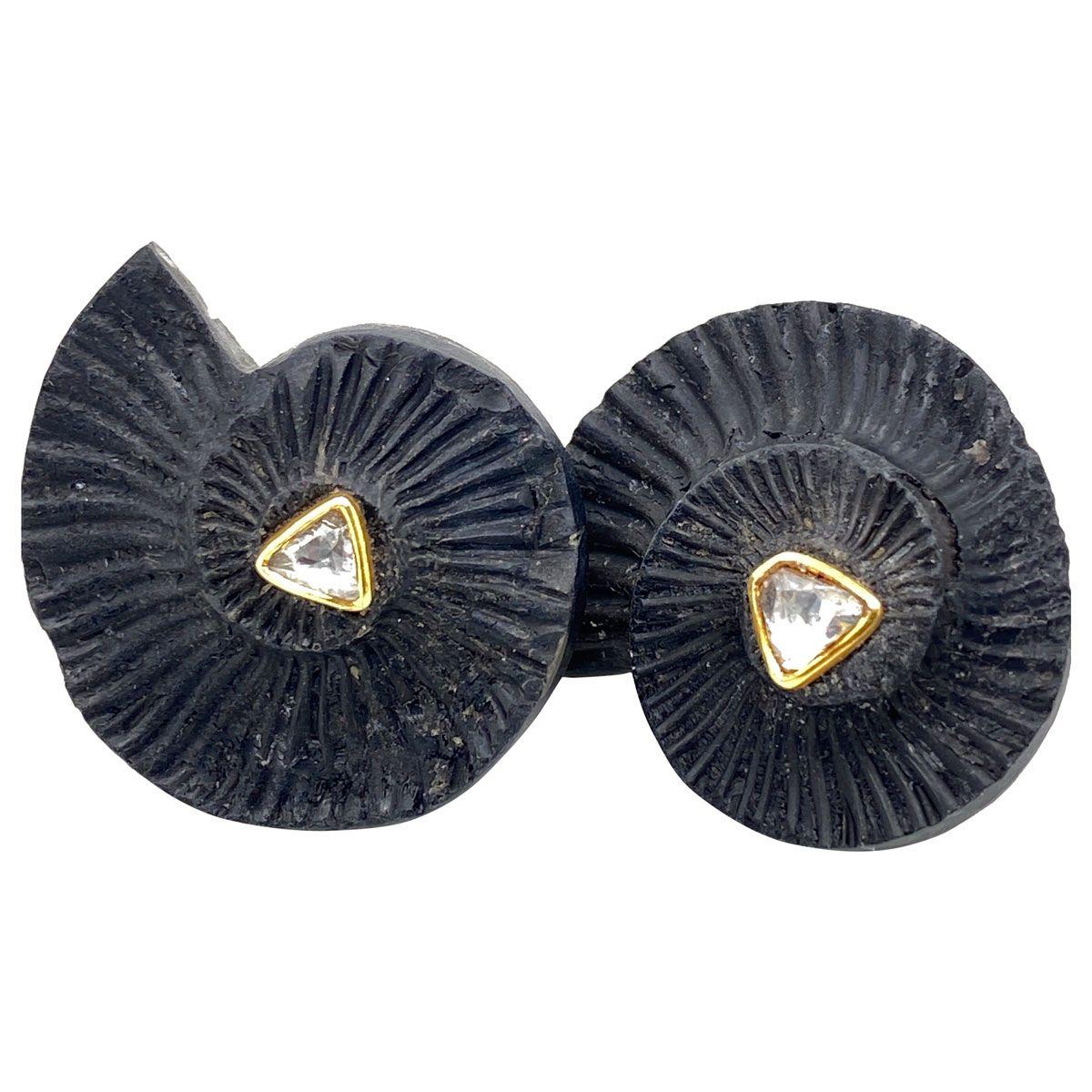 Women's 18 Karat Yellow Gold Diamond and Black Lava Pierced Earrings For Sale