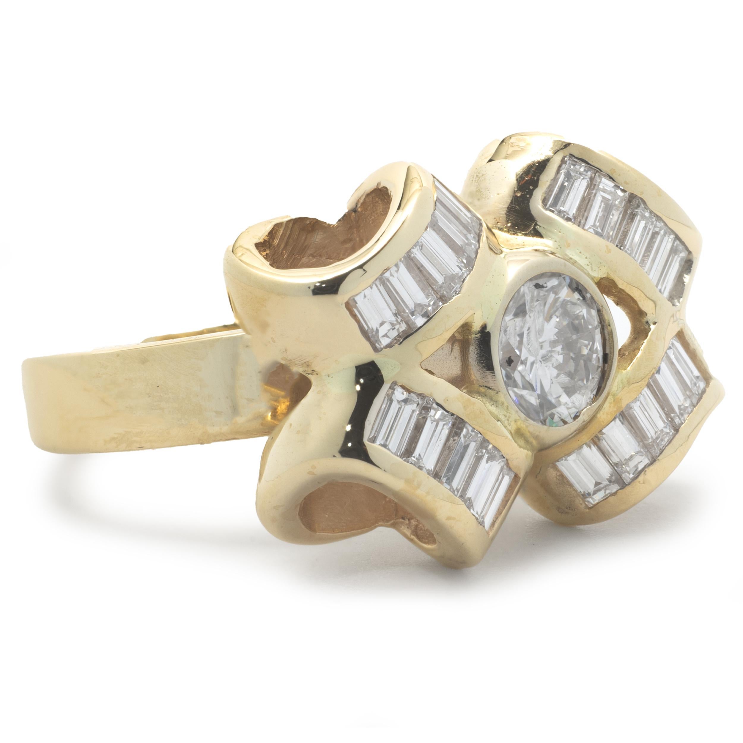 Designer: custom
Material: 18K yellow gold
Diamond: 20 baguette cut = 0.60cttw
Color: G
Clarity: SI1
Diamond: 1 round brilliant cut = 0.47ct
Color: G
Clarity: SI1 (Chipped)
Ring size: 3 (please allow two additional shipping days for sizing