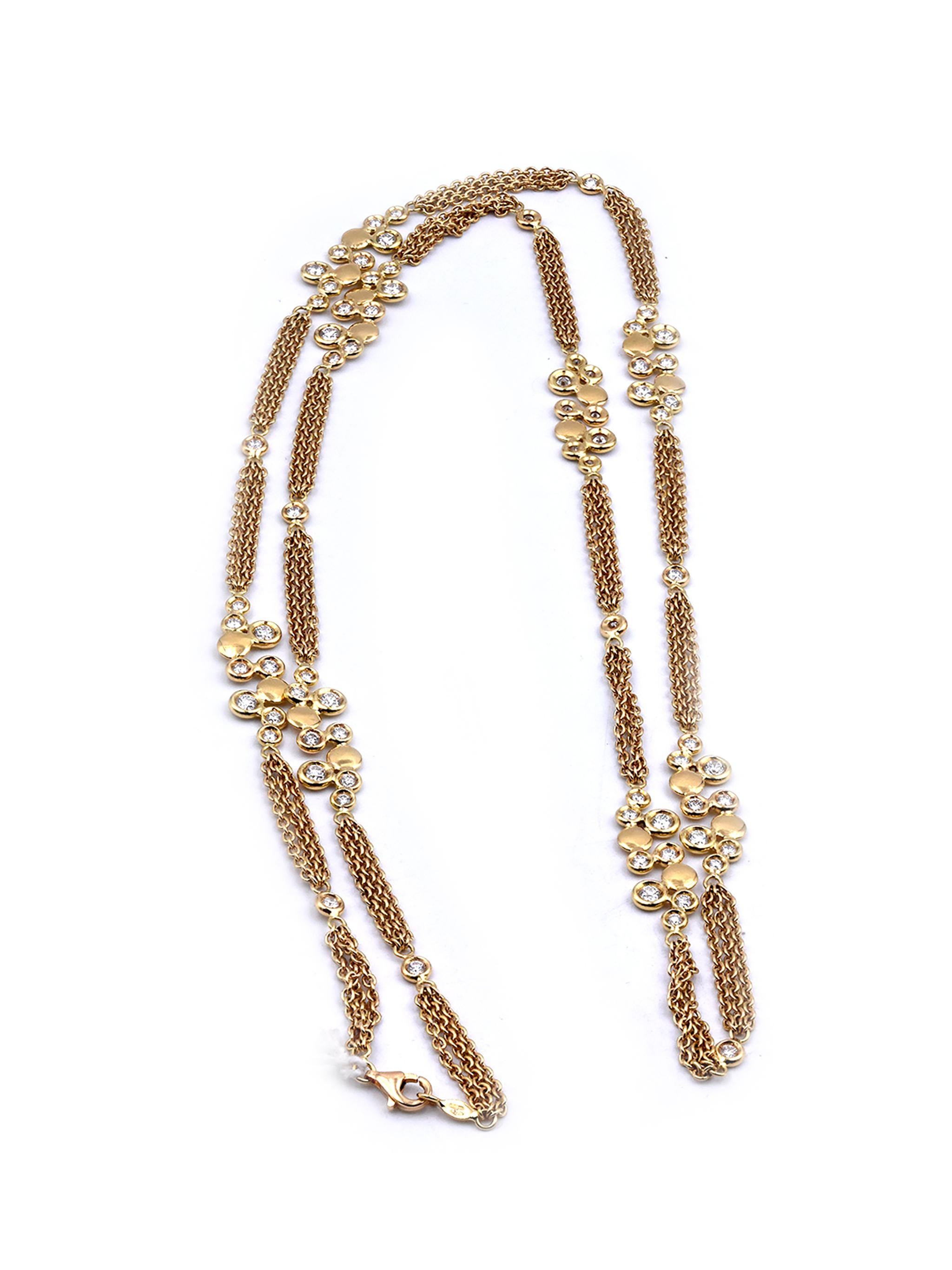 Designer : custom
Matériau : or jaune 18K
Diamants : 73 taille ronde = 3,50cttw
Couleur : G
Clarté : VS
Dimensions : le collier mesure 32 pouces de long 
Poids : 34,70 grammes