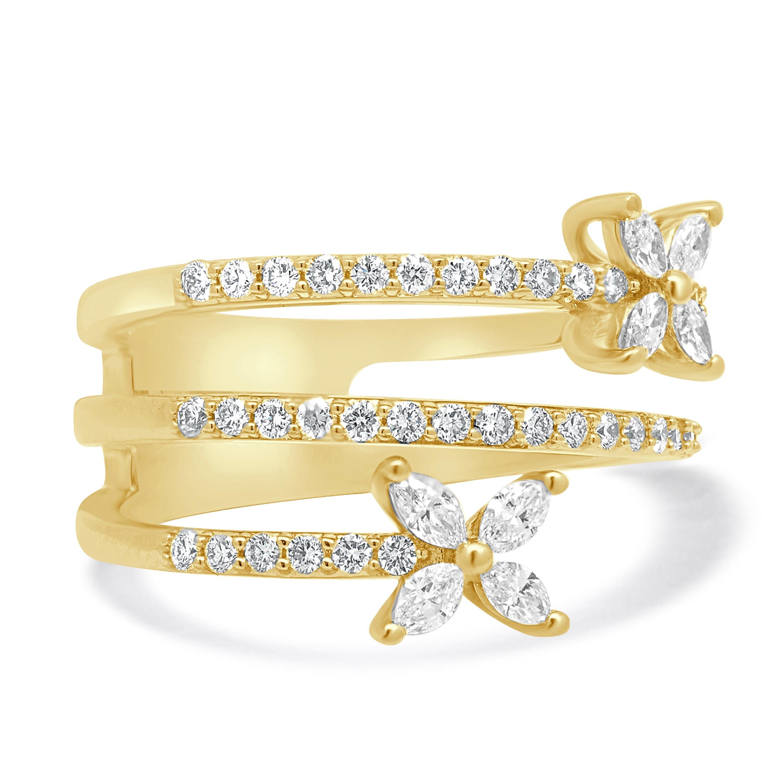 Taille Marquise 18 Karat Yellow Gold Diamond Bypass Flower Ring en vente