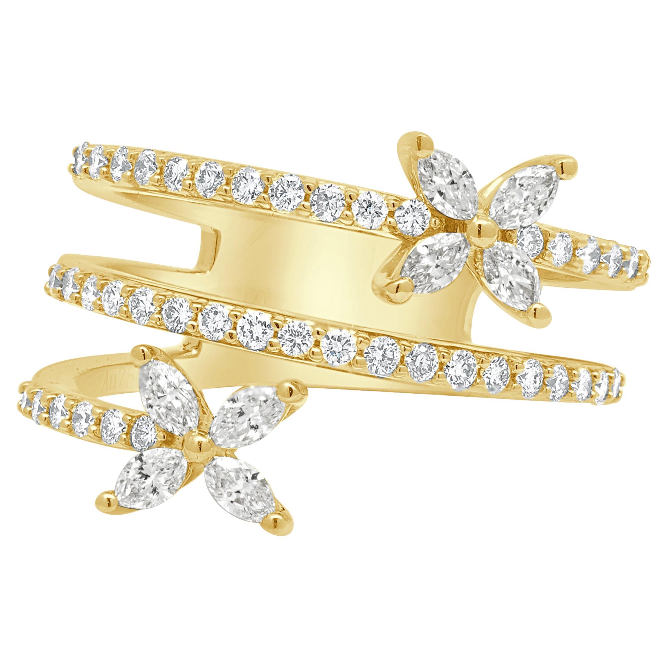 18 Karat Yellow Gold Diamond Bypass Flower Ring