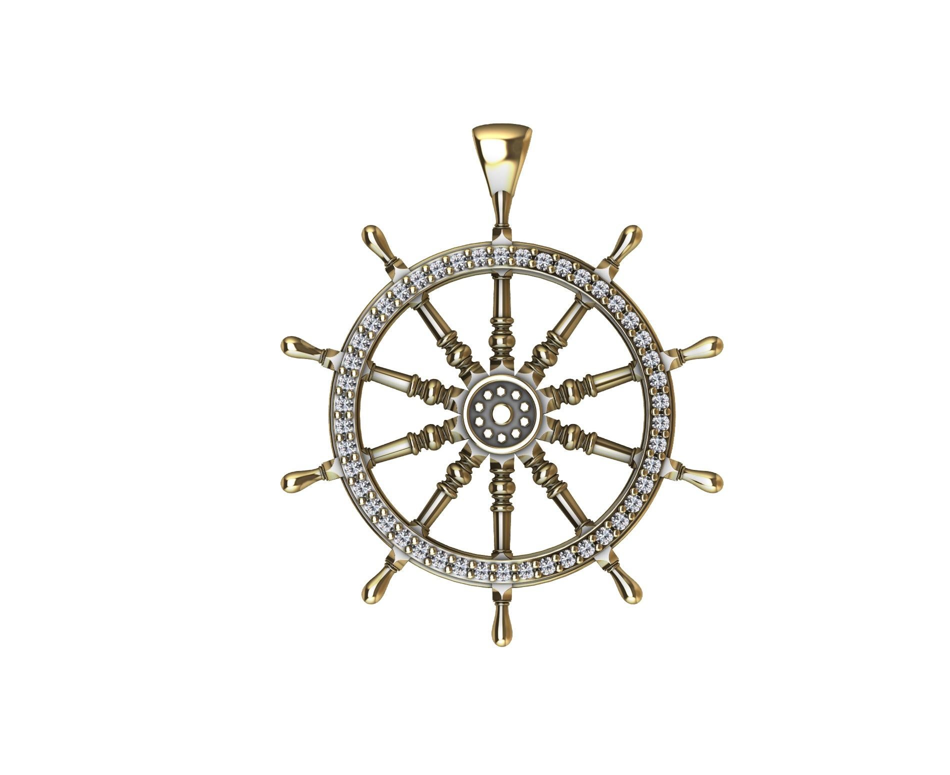 18 Karat Yellow Gold Diamond Captain Sailors Wheel Pendant For Sale 2