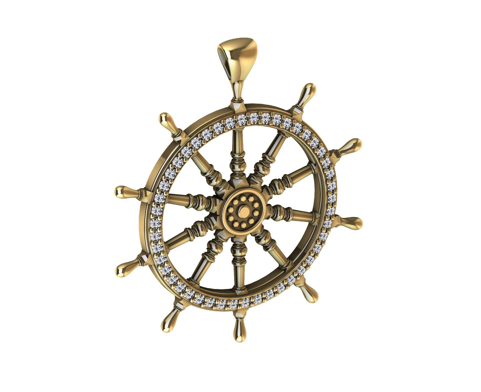 18 Karat Yellow Gold Diamond Captain Sailors Wheel Pendant For Sale 3