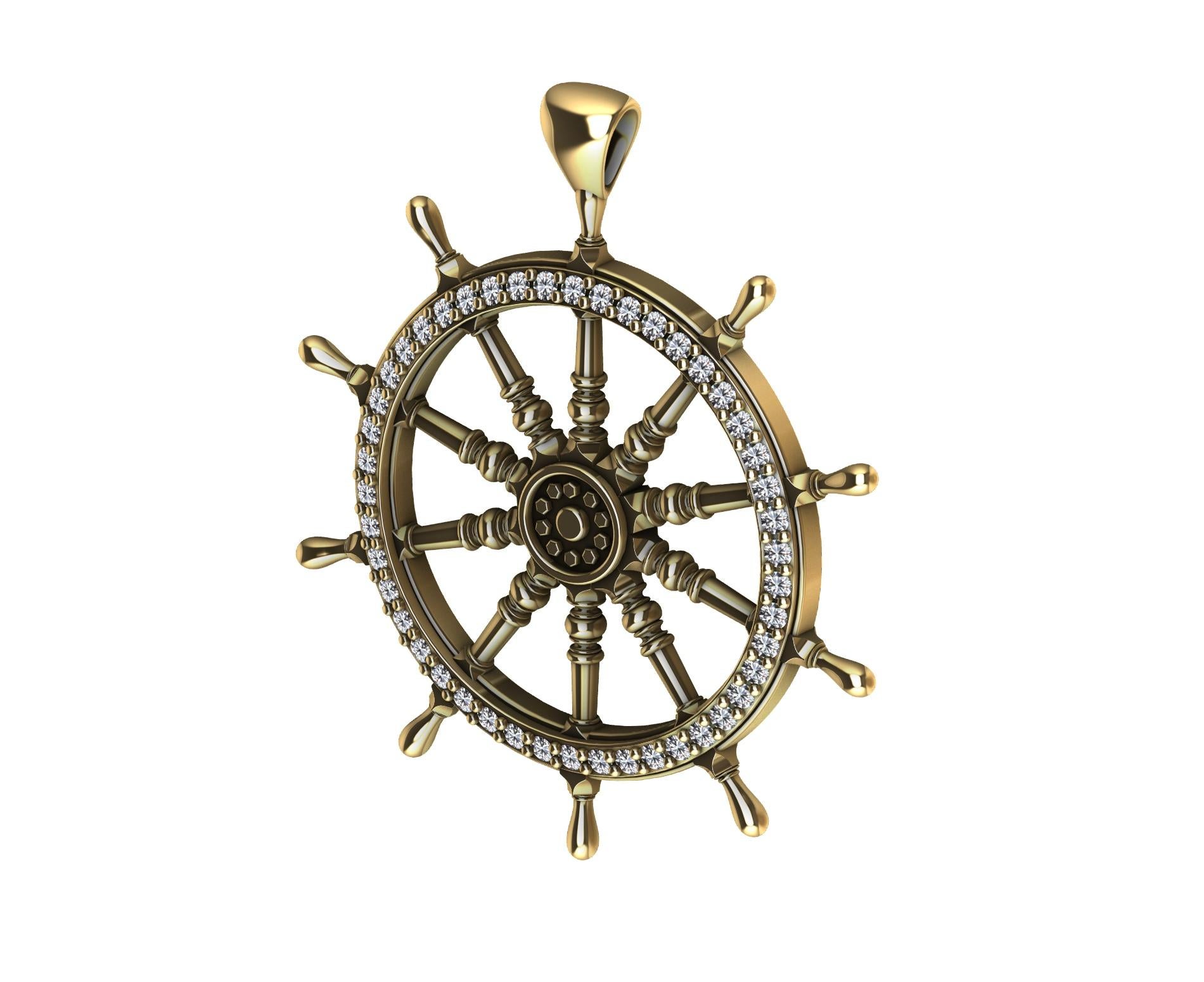 18 Karat Yellow Gold Diamond Captain Sailors Wheel Pendant For Sale 4