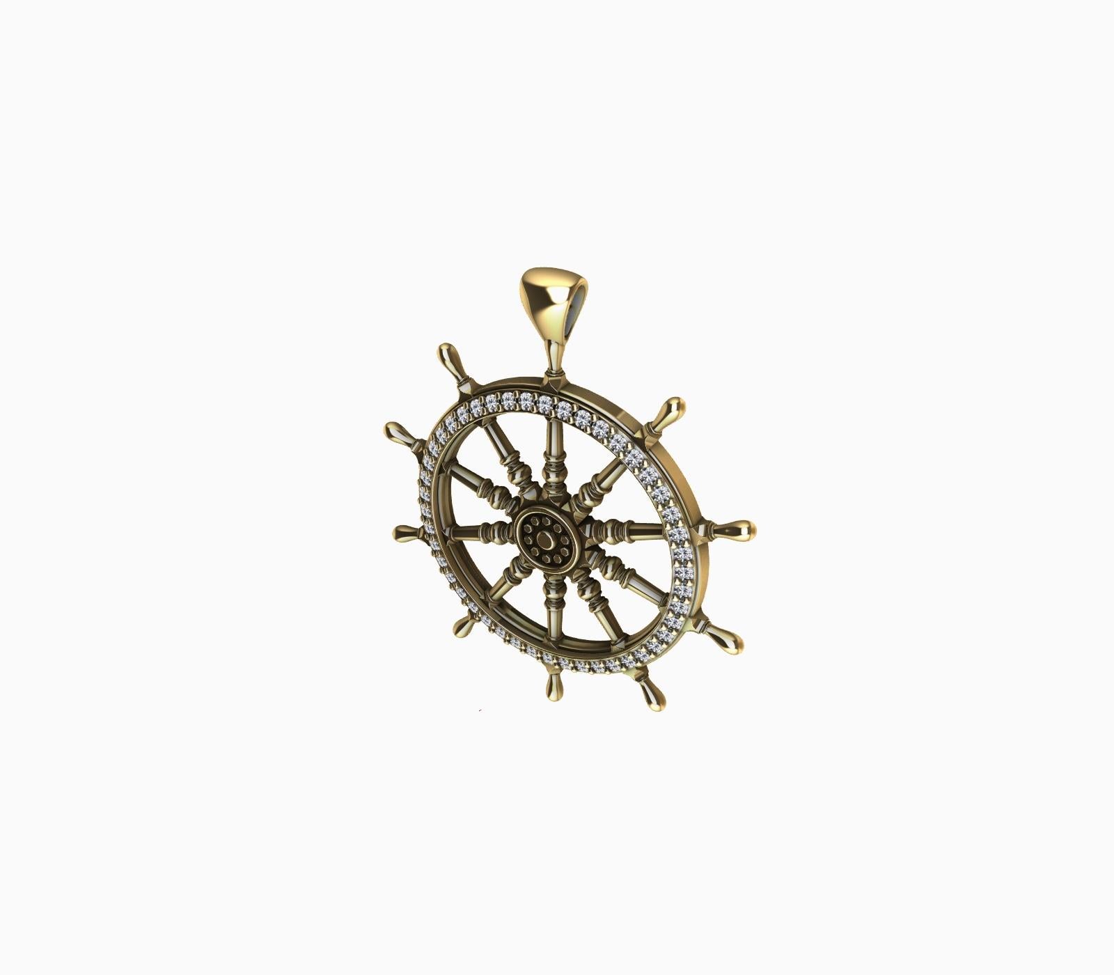 Round Cut 18 Karat Yellow Gold Diamond Captain Sailors Wheel Pendant For Sale