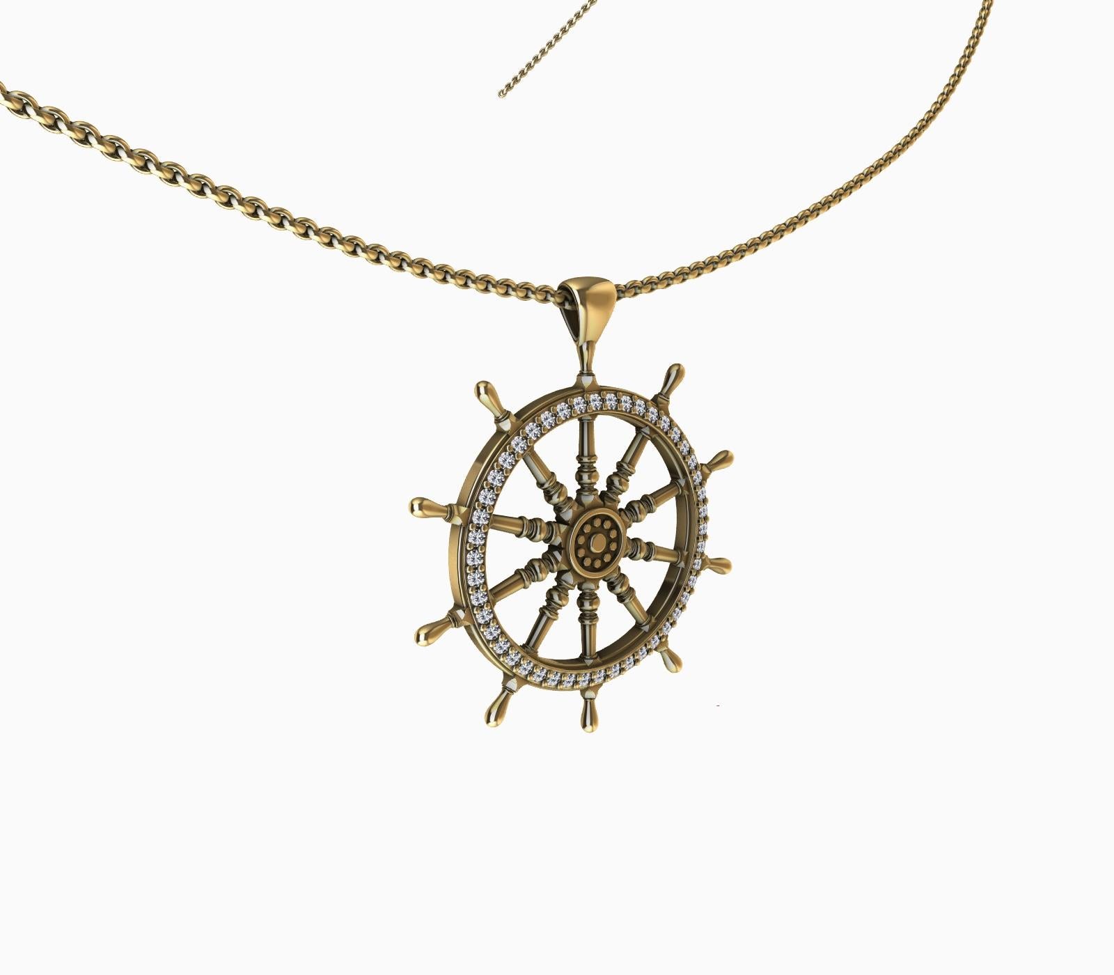 Women's or Men's 18 Karat Yellow Gold Diamond Captain Sailors Wheel Pendant For Sale
