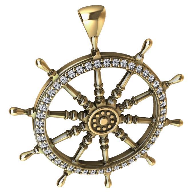 18 Karat Yellow Gold Diamond Captain Sailors Wheel Pendant For Sale