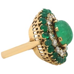 18 Karat Yellow Gold Diamond Carved Emerald Antique Cocktail Ring