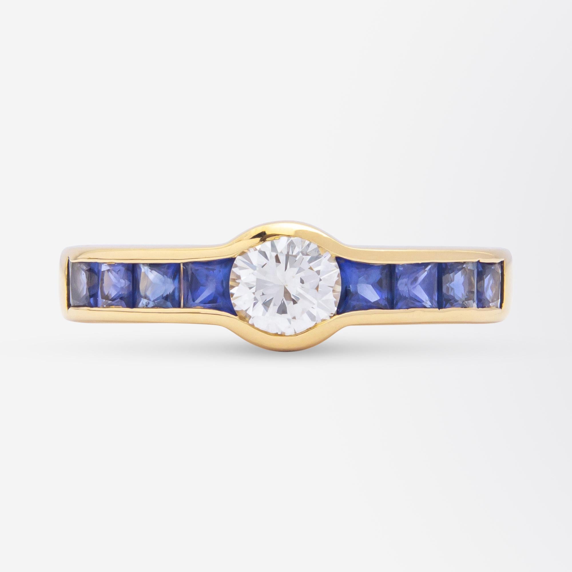 Modernist 18 Karat Yellow Gold, Diamond & Ceylon Sapphire Ring For Sale