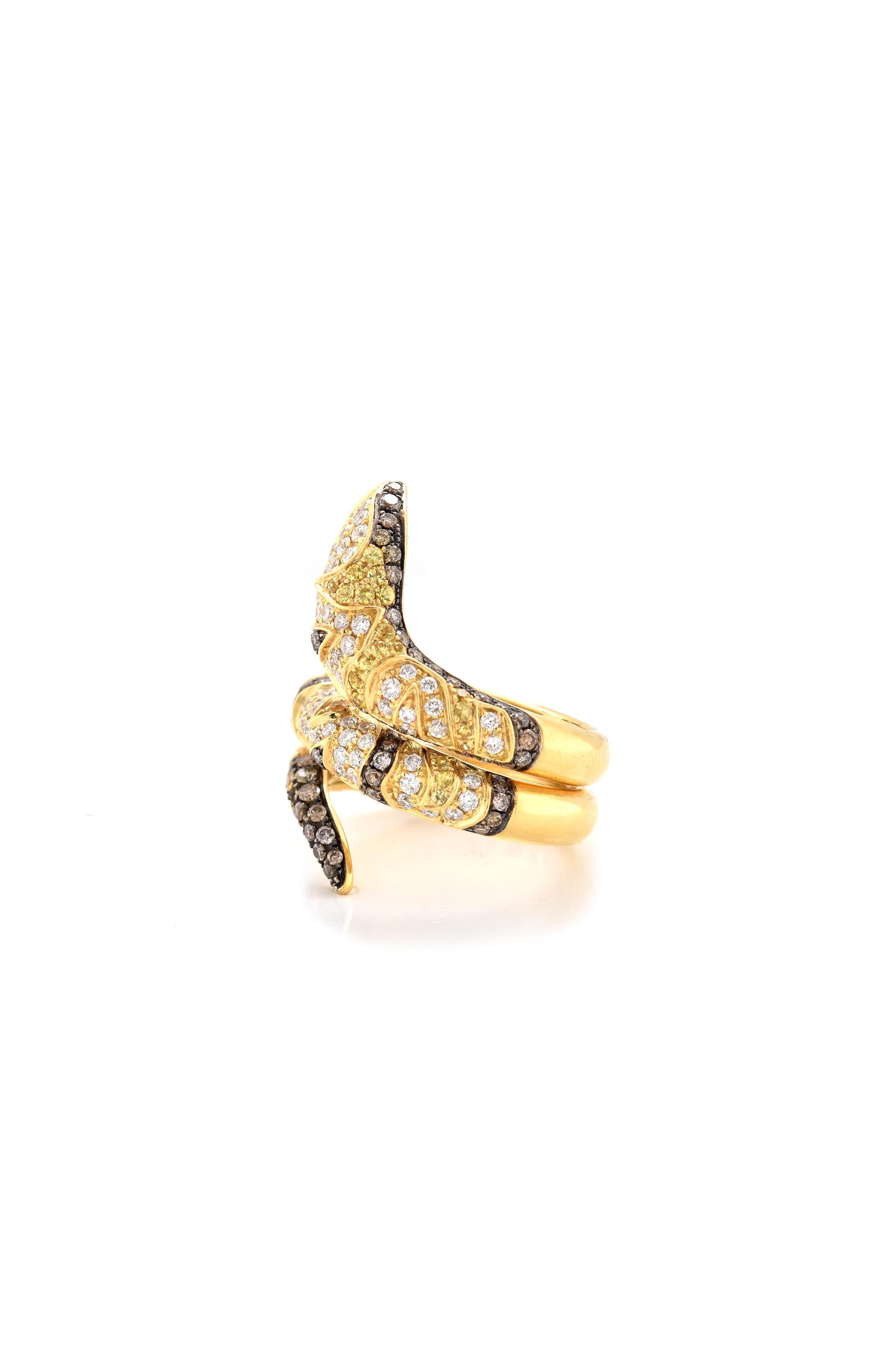 Designer: custom
Material: 18K yellow gold
Diamonds: 176 round cut = 1.96cttw
Color: G / Champagne
Clarity: SI1
Sapphire: 32 round cut = .41cttw
Color: Yellow
Ring size: 7 (please allow two additional shipping days for sizing requests)
Weight: 