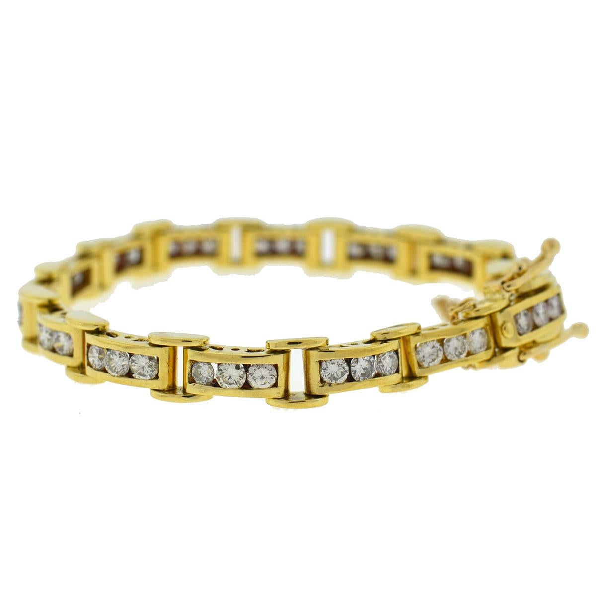 Women's or Men's 18 Karat Yellow Gold Diamond Channel Set Approximate 4.5 Carat Bracelet