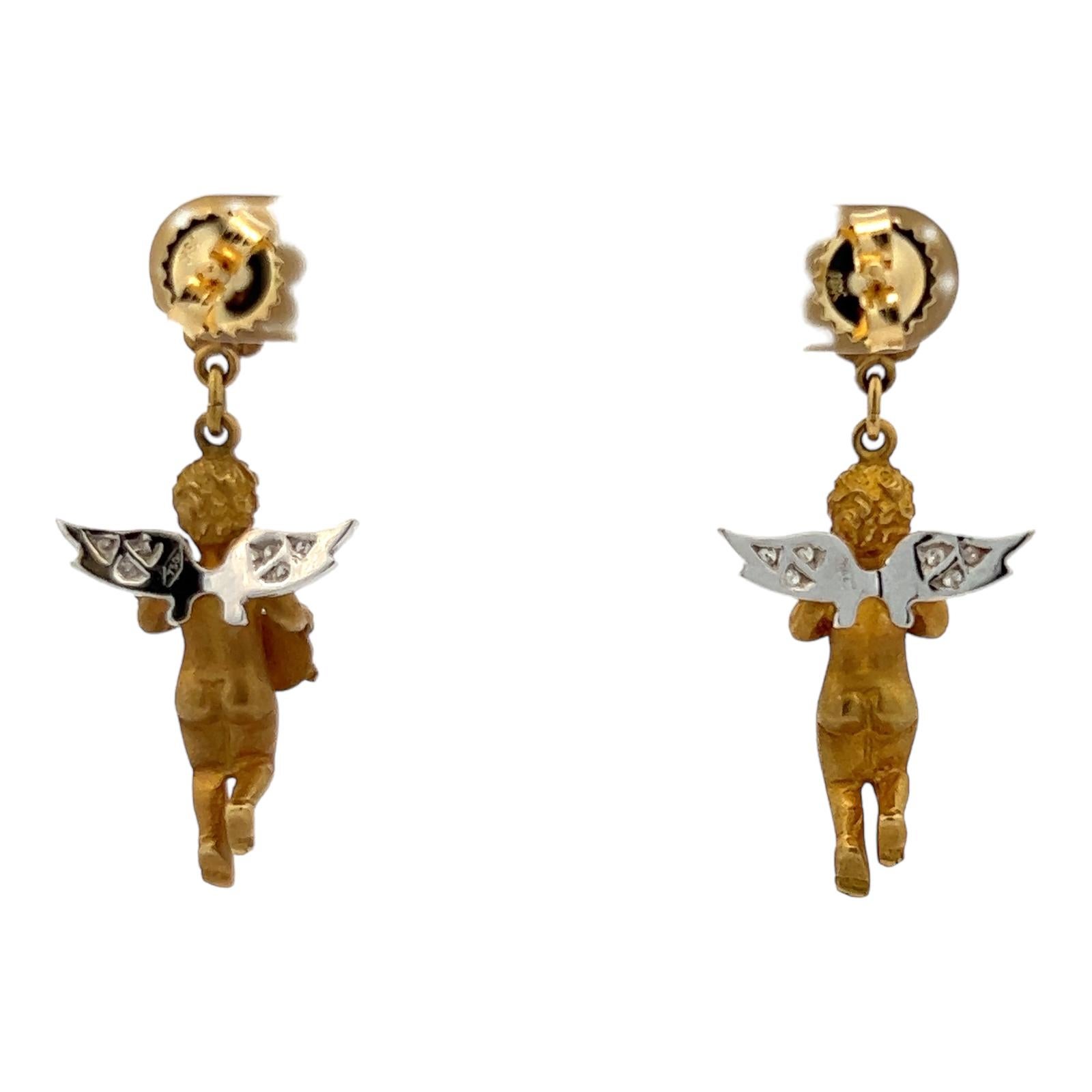 18 Karat Yellow Gold Diamond Cherub Drop Dangle Vintage Earrings  In Excellent Condition In Boca Raton, FL