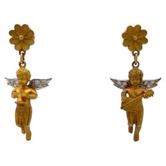 18 Karat Yellow Gold Diamond Cherub Drop Dangle Vintage Earrings 
