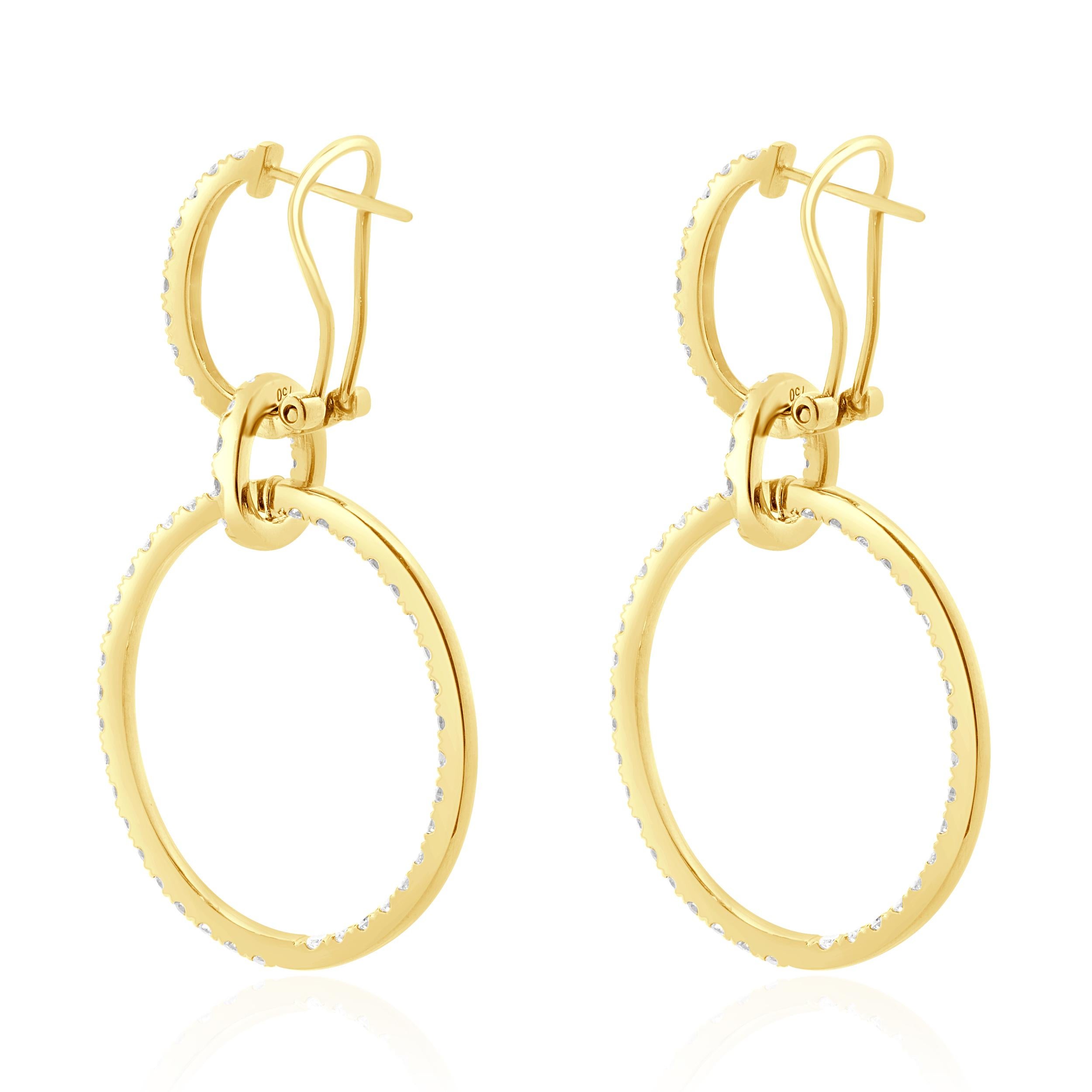 Round Cut 18 Karat Yellow Gold Diamond Circle Drop Earrings For Sale