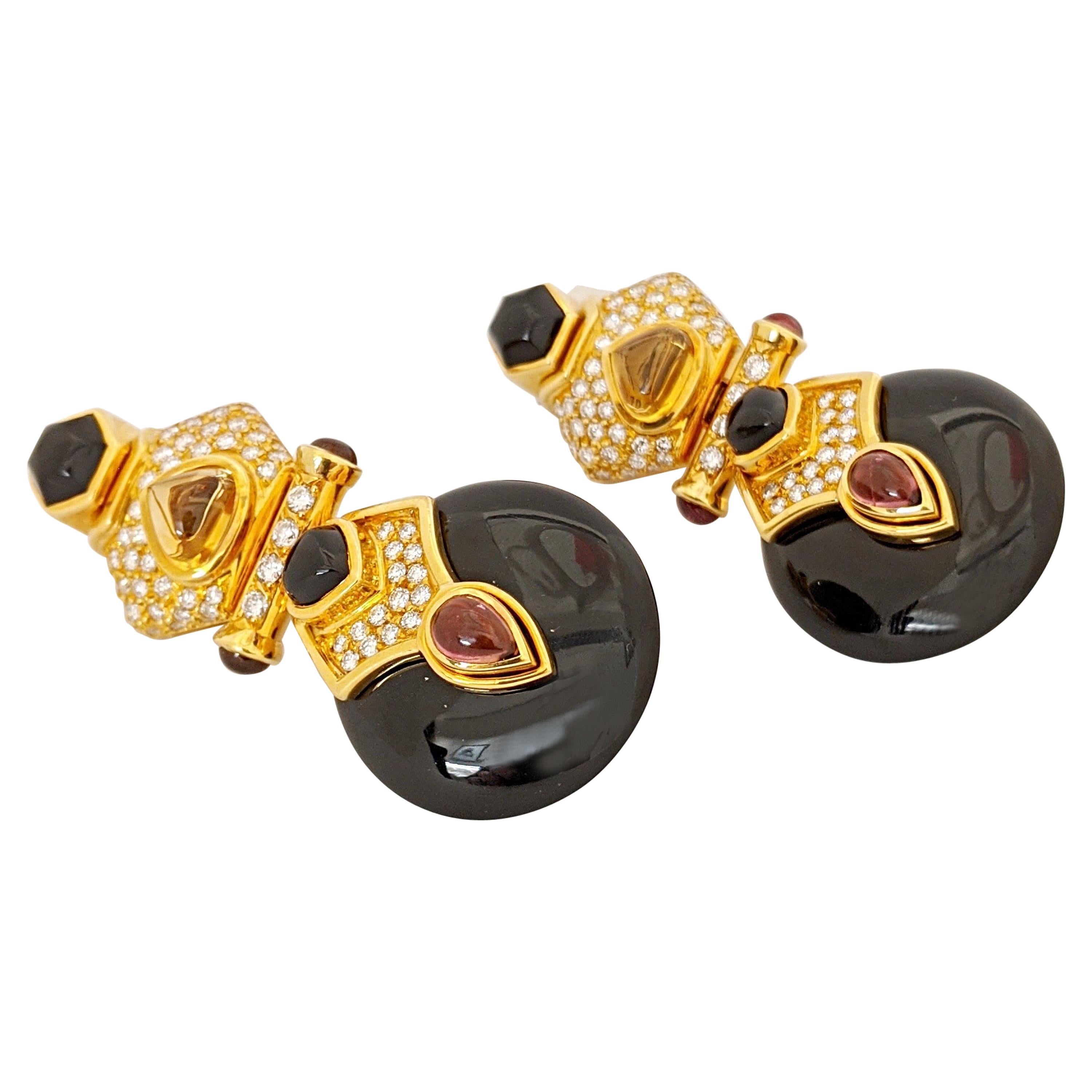 18 Karat Yellow Gold Diamond, Citrine, Pink Tourmaline and Onyx Hanging Earrings