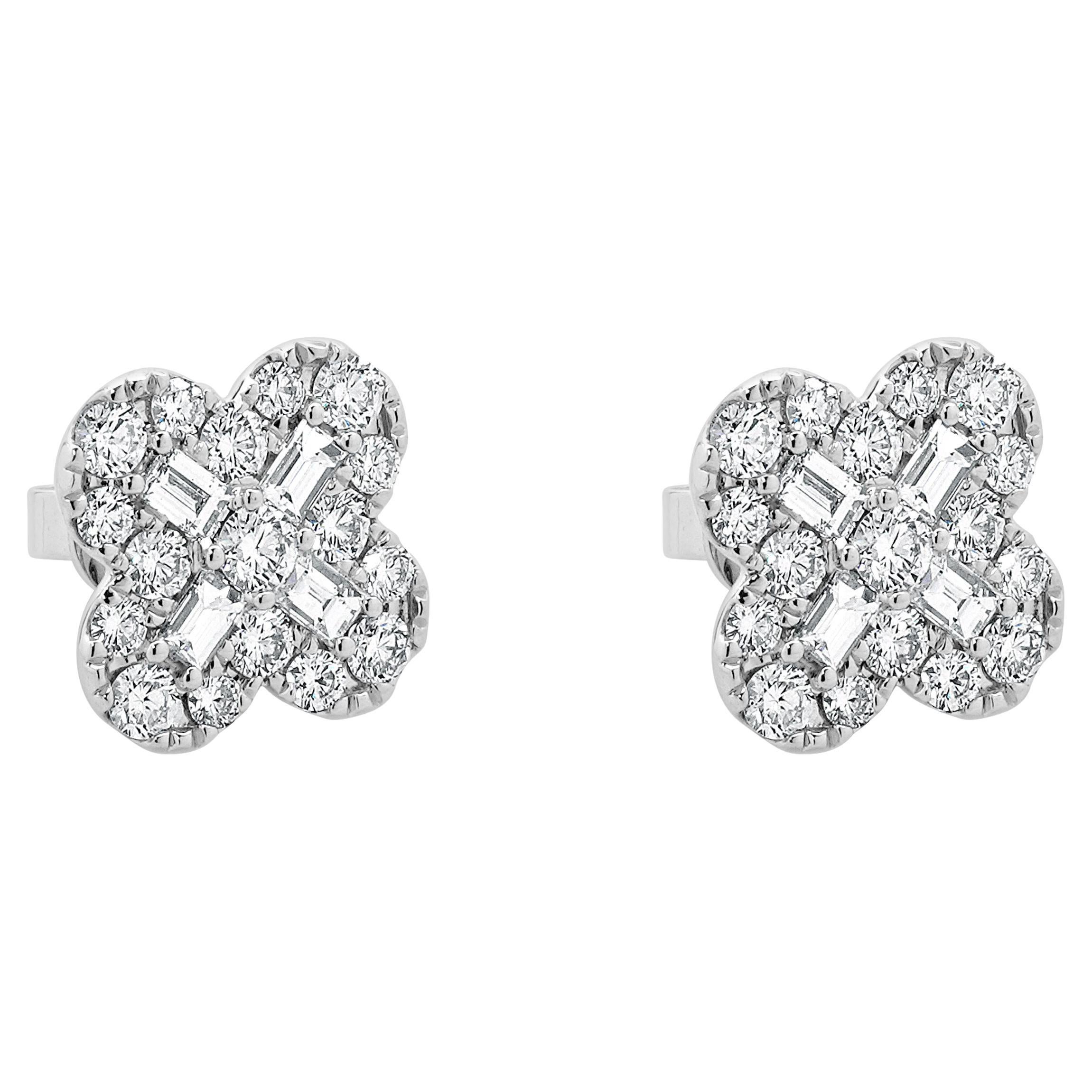 18 Karat White Gold Diamond Clover Stud Earrings