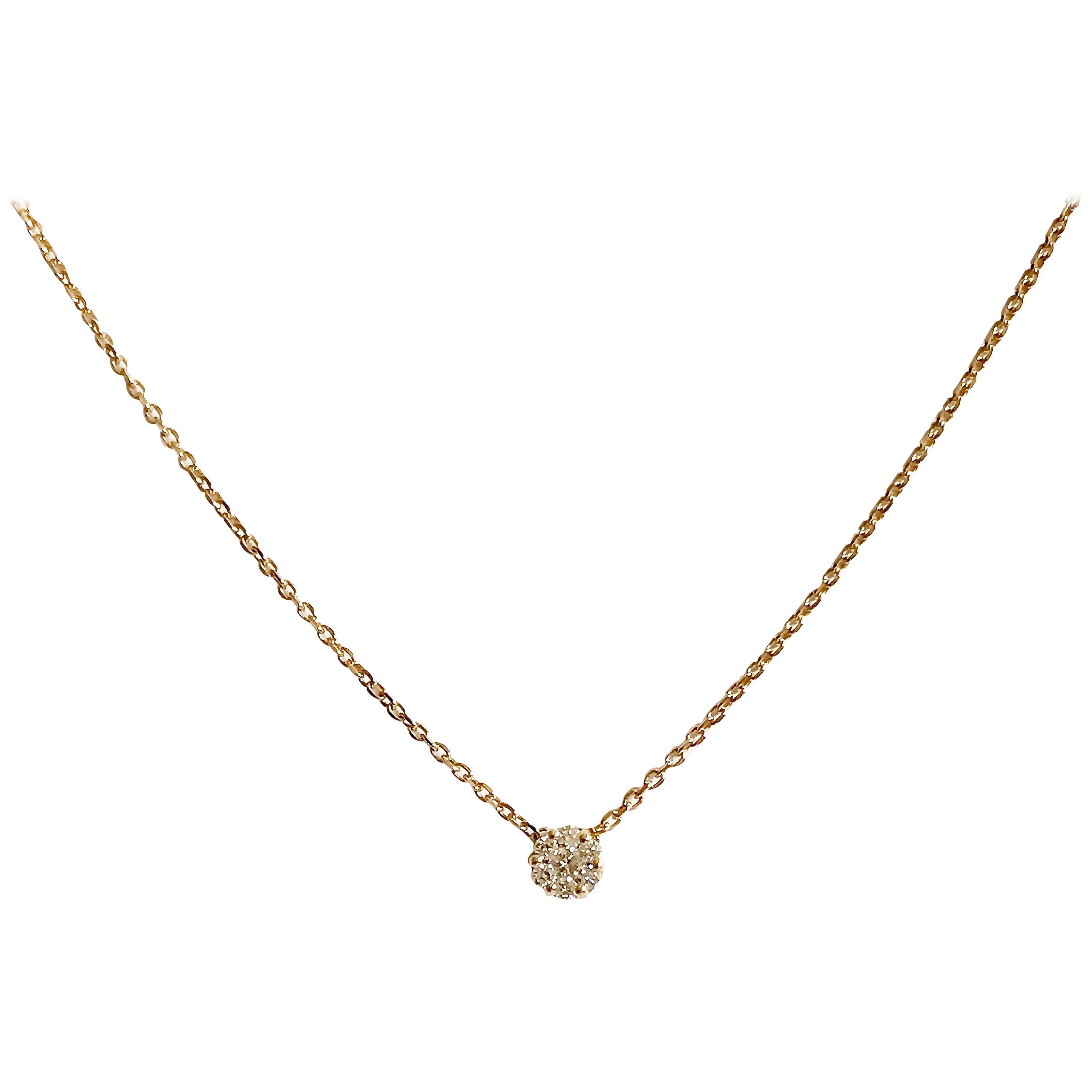 18 Karat Solid Yellow Gold White Diamond Cluster Pendant Necklace For Sale