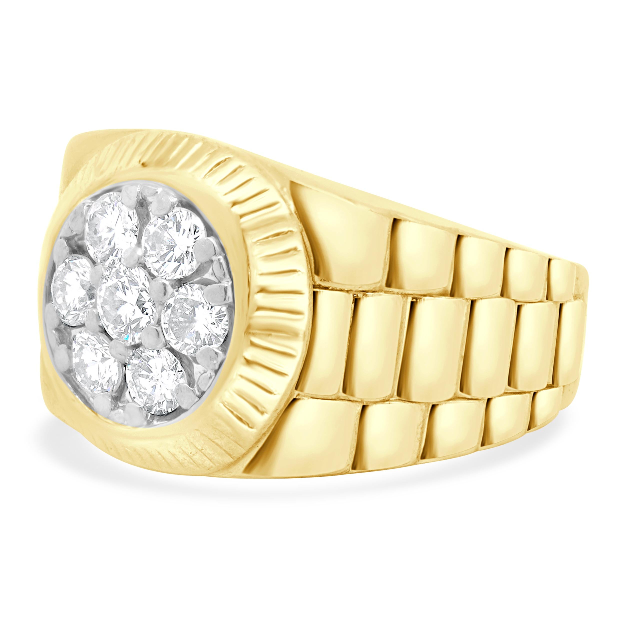 Concepteur : personnalisé
Matériau : Or jaune 18K
Diamant : 7 tailles rondes = 1,00cttw
Couleur : G / H
Clarté : VS2-SI1
Taille de la bague : 9 (veuillez prévoir deux jours de livraison supplémentaires pour les demandes de taille)
Poids : 14,51