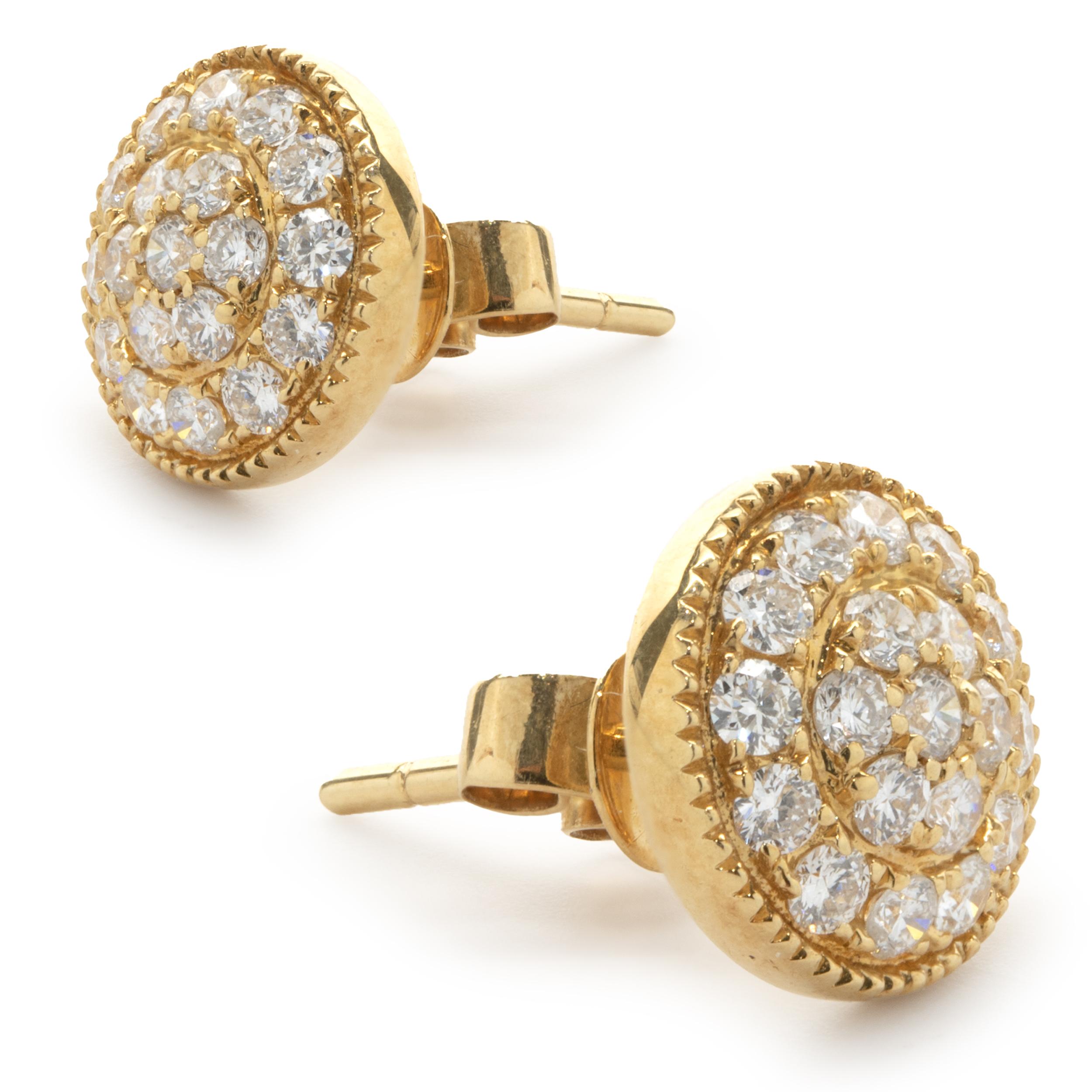 Designer: custom
Material: 18K yellow gold
Diamond: 38 round brilliant cut = 0.70cttw
Color: G
Clarity: VS
Dimensions: earrings measure 15.5mm in length
Fastenings: Lapoisette	
Weight: 3.30 grams
