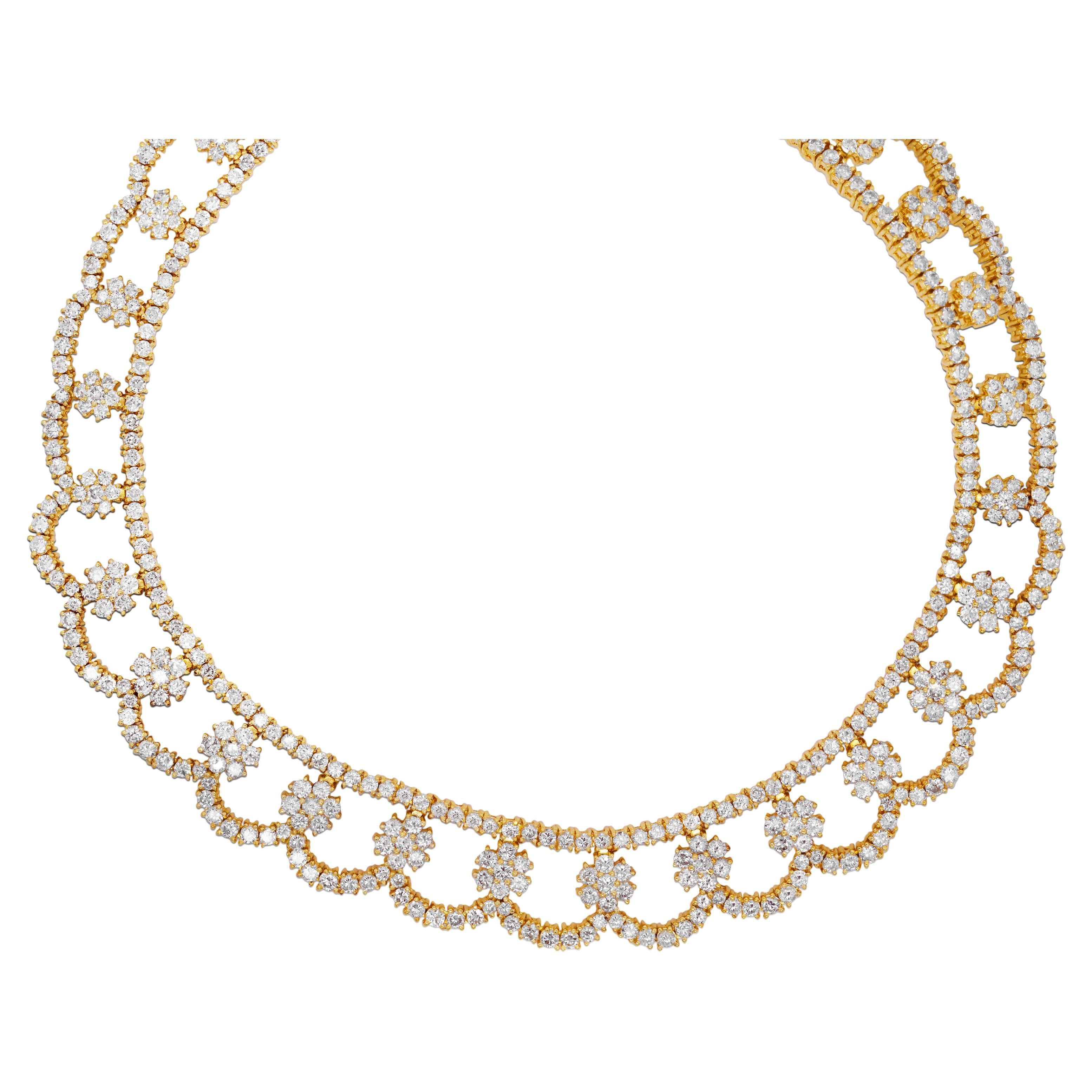 18 Karat Yellow Gold Diamond Clusters Choker Necklace For Sale