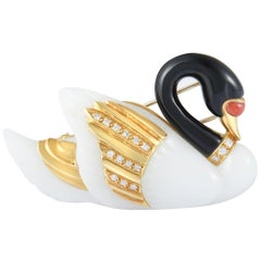 18 Karat Yellow Gold Diamond, Coral, Onyx and White Jade Swan Brooch