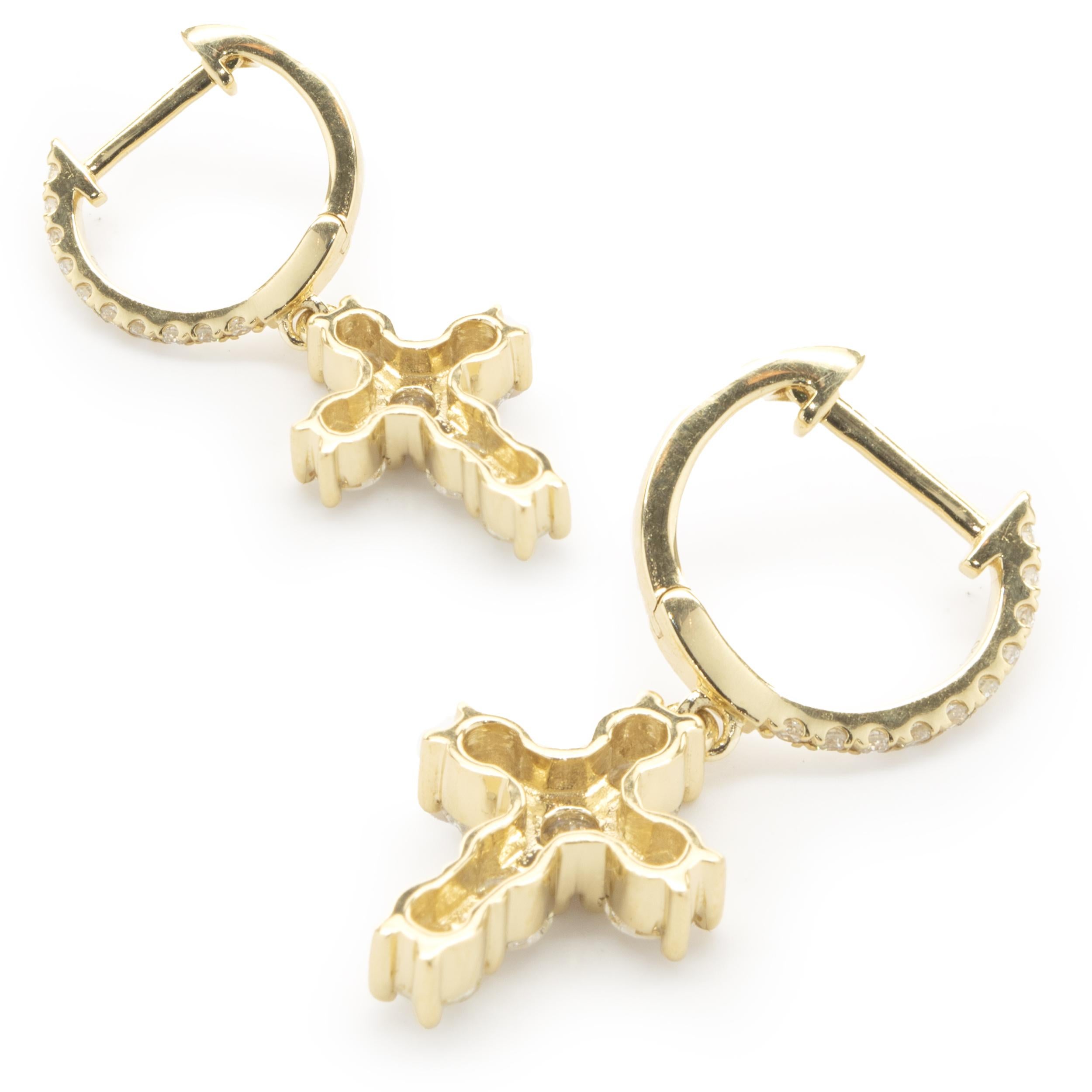 Round Cut 18 Karat Yellow Gold Diamond Cross Drop Earrings For Sale