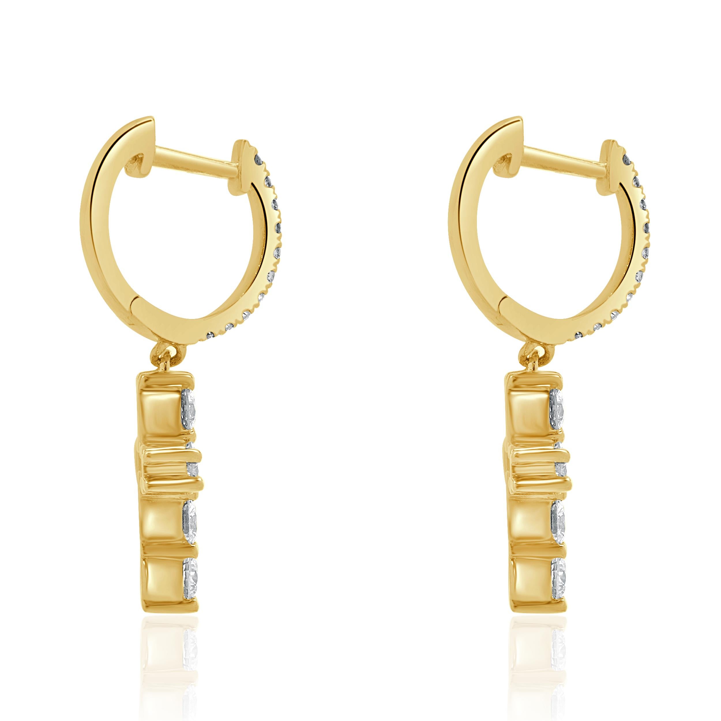 Round Cut 18 Karat Yellow Gold Diamond Cross Drop Earrings For Sale