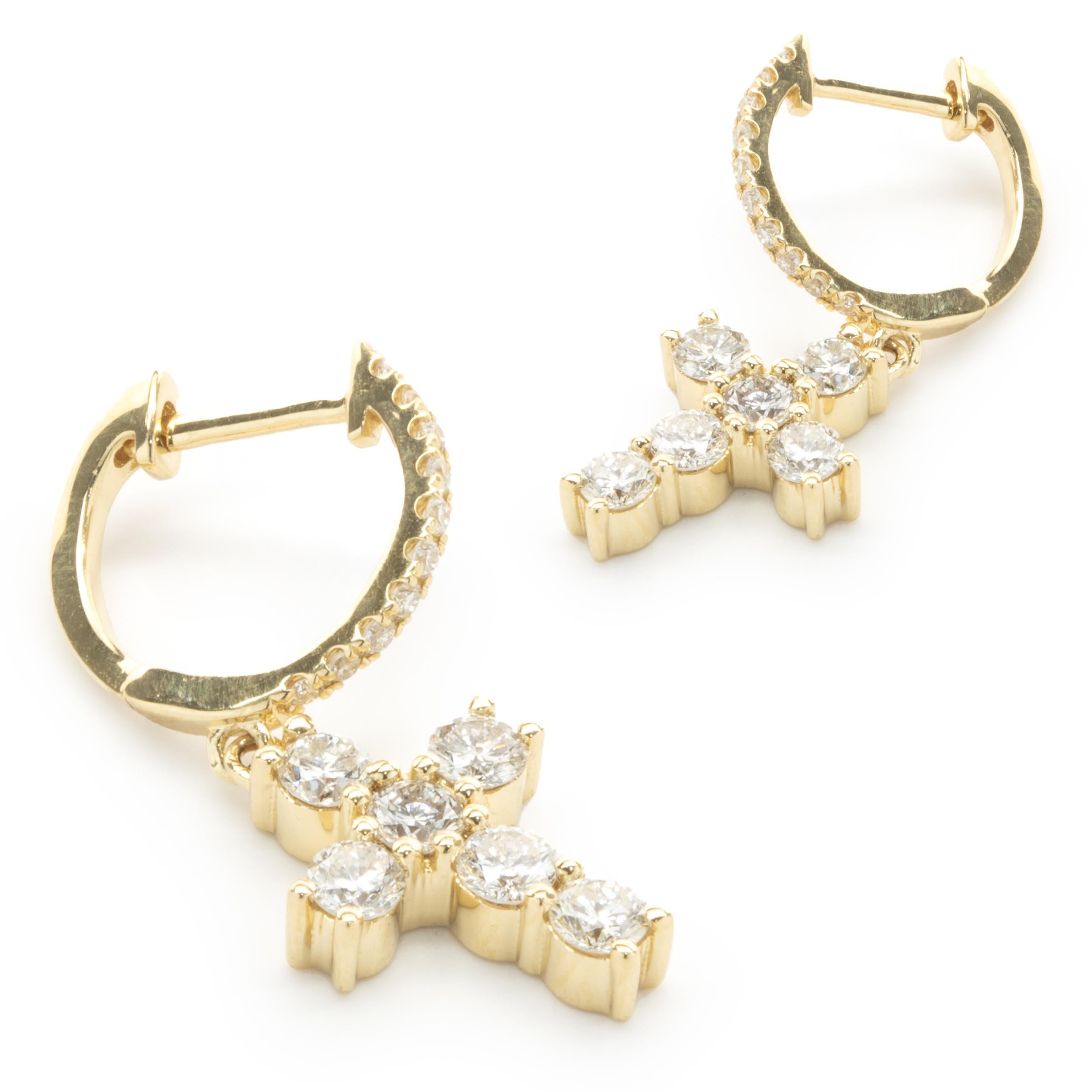 18 Karat Yellow Gold Diamond Cross Drop Earrings In Excellent Condition For Sale In Scottsdale, AZ