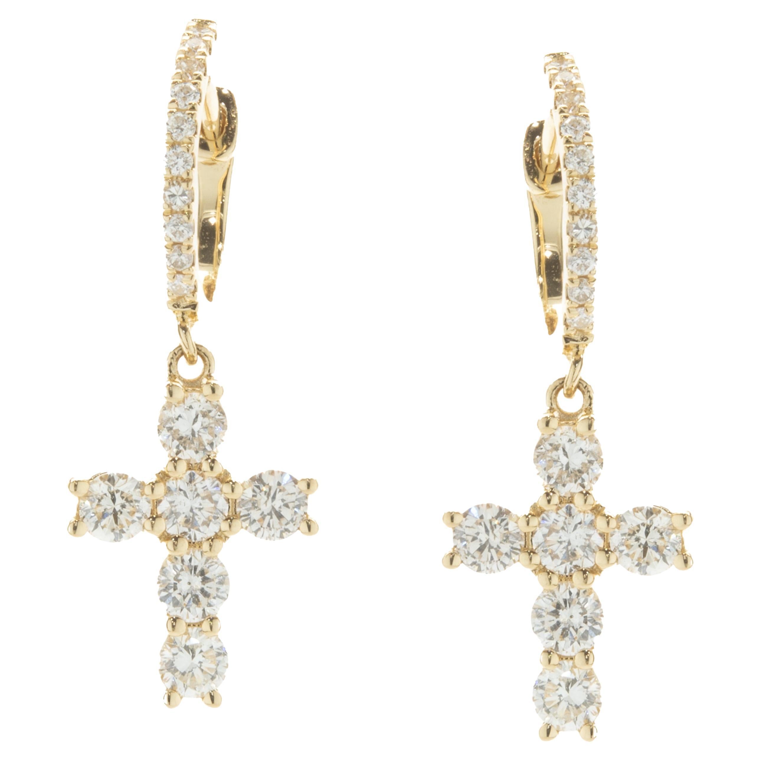 18 Karat Yellow Gold Diamond Cross Drop Earrings For Sale