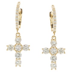 18 Karat Yellow Gold Diamond Cross Drop Earrings