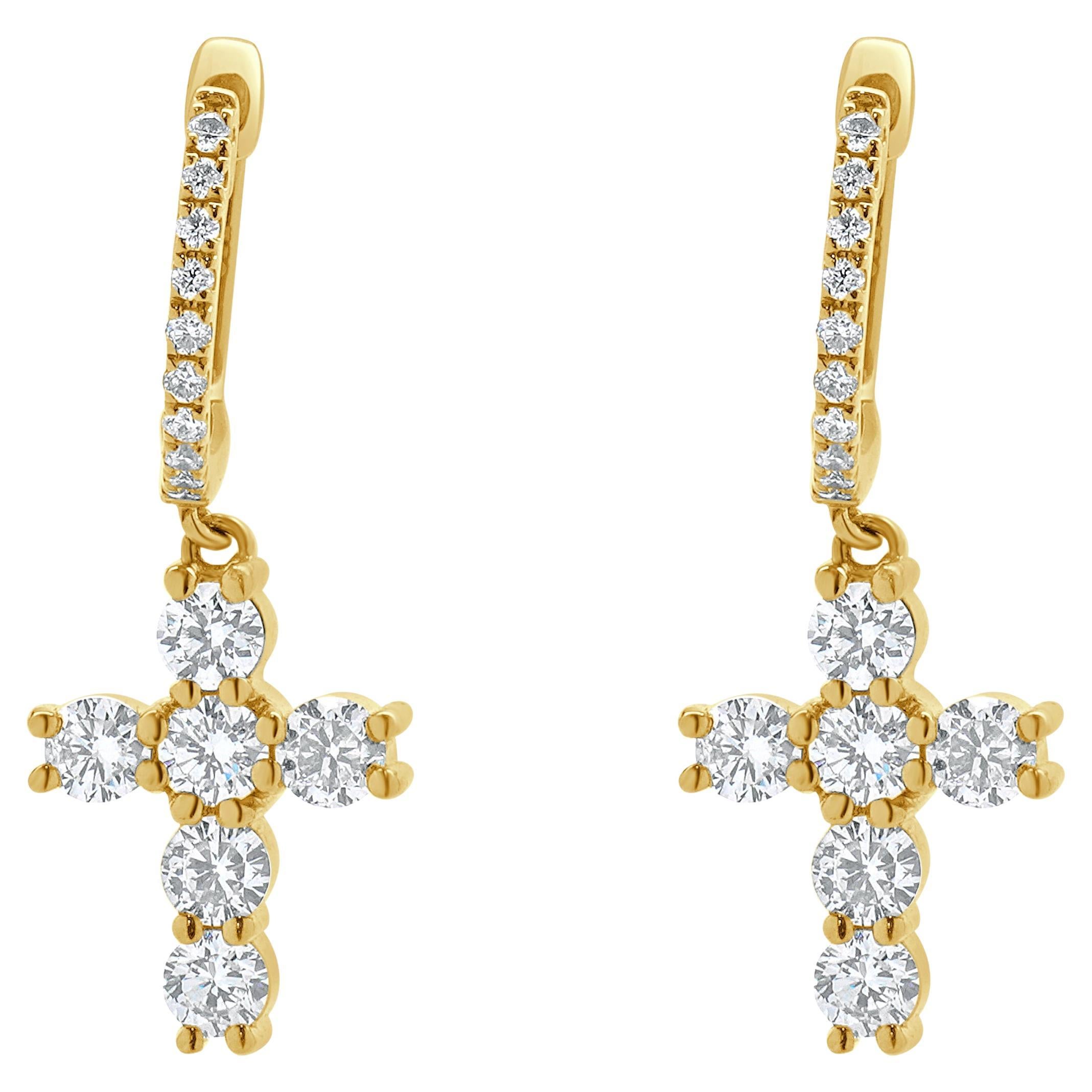 18 Karat Yellow Gold Diamond Cross Drop Earrings For Sale