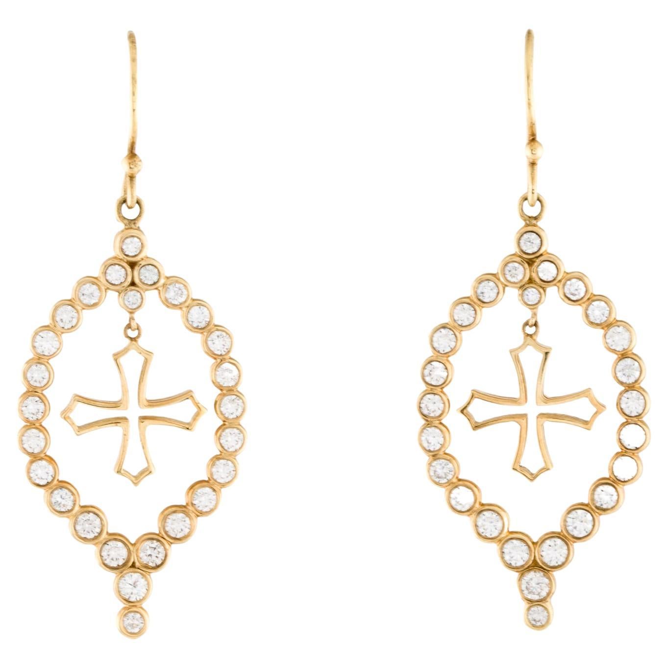 18 Karat Yellow Gold Diamond Cross Earrings For Sale