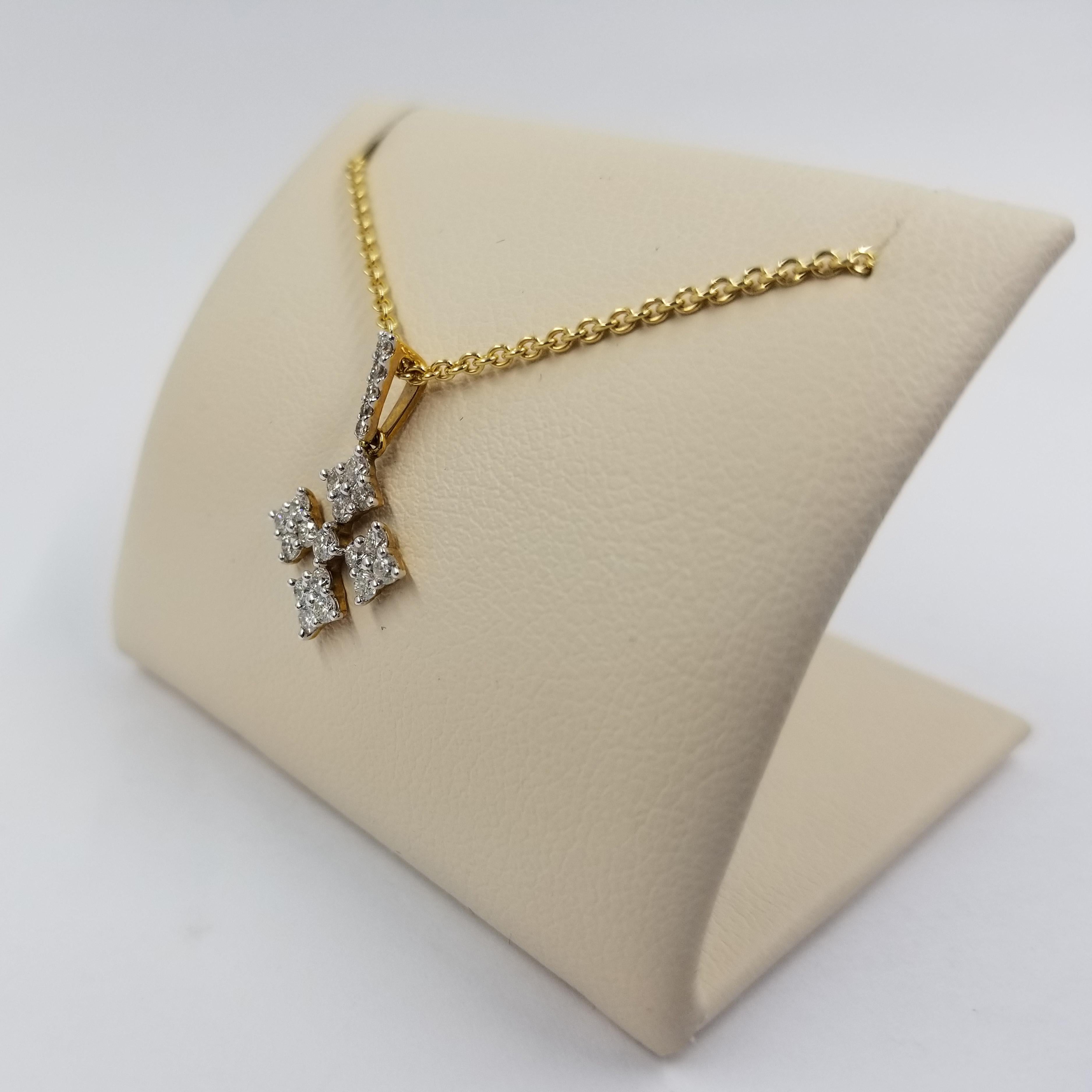 18 Karat Yellow Gold Pendant on a 16 inch Rolo chain with Lobster clasp. 22 Prong-set Round Brilliant Diamonds of SI Clarity & G Color Total Exactly 0.36 carat total weight with diamond bale.