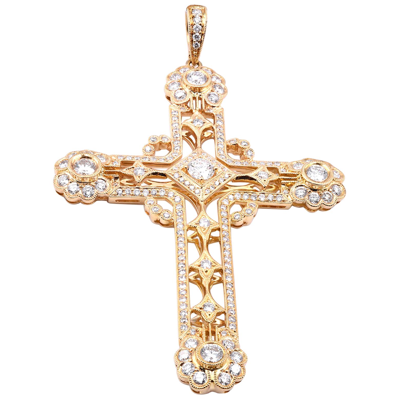 18 Karat Yellow Gold Diamond Cross Pendant