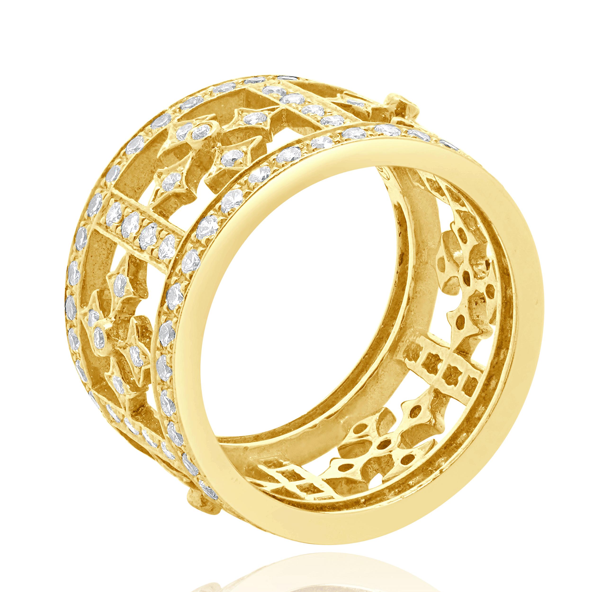 Taille ronde Bague croix en or jaune 18 carats et diamants en vente