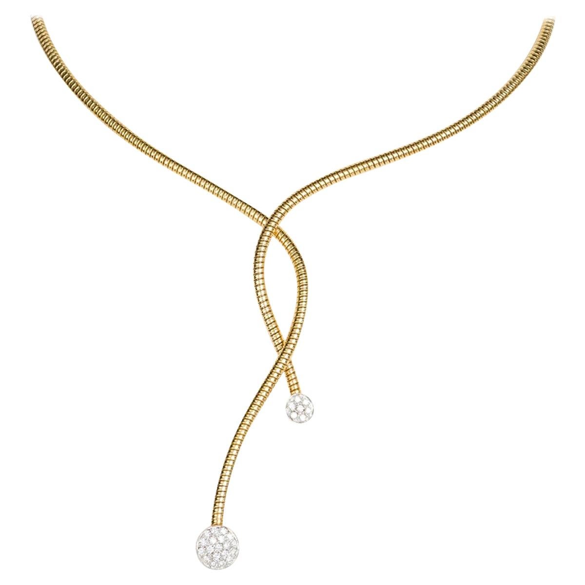 18 Karat Yellow Gold Diamond Crossover Necklace For Sale